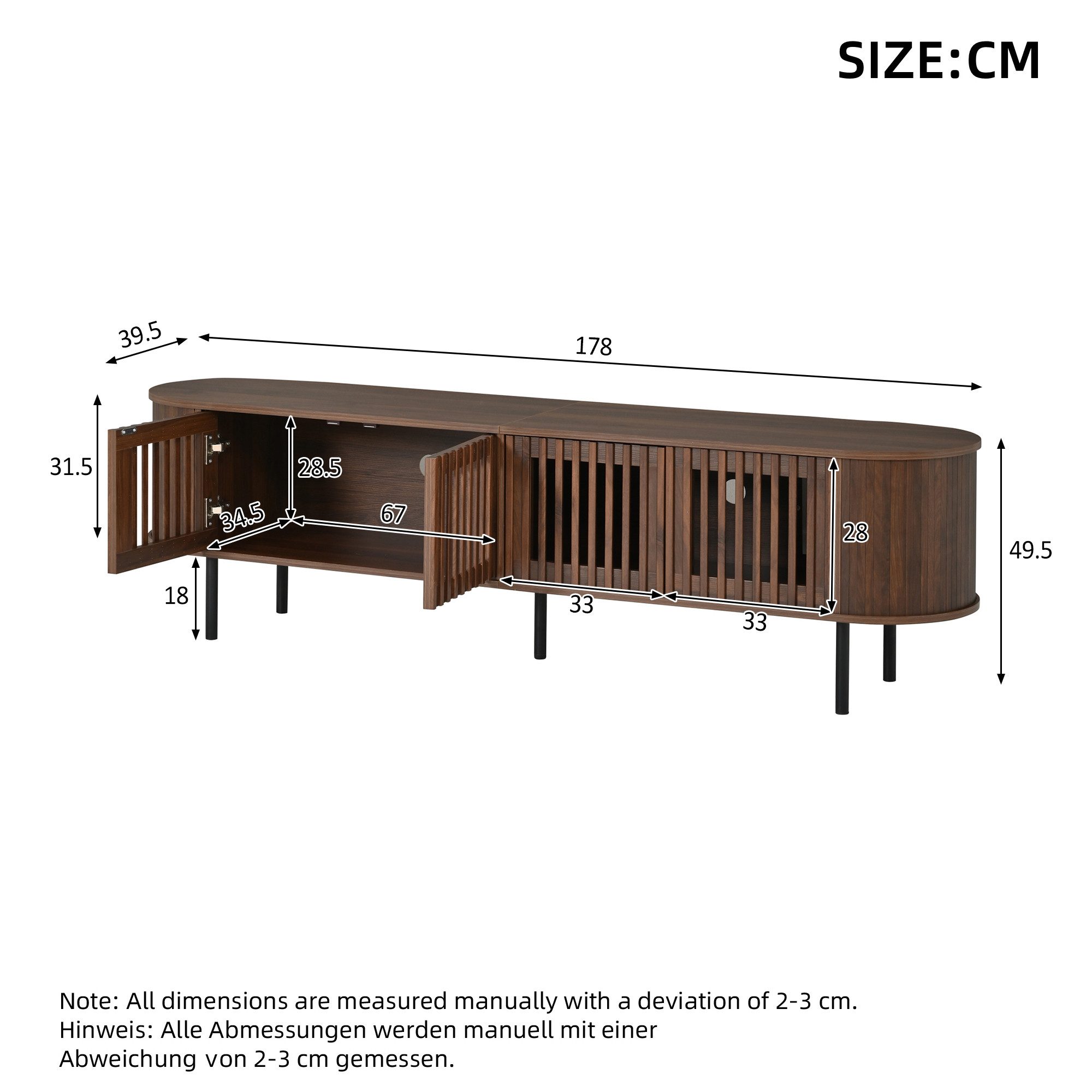 Celya TV-Schrank TV Lowboard für Fernseher bis zu 75 Zoll, mit 4 Flügeltüren (178x39.5x49.5cm, durchbrochenem Design, Gebogenes Rolltor)