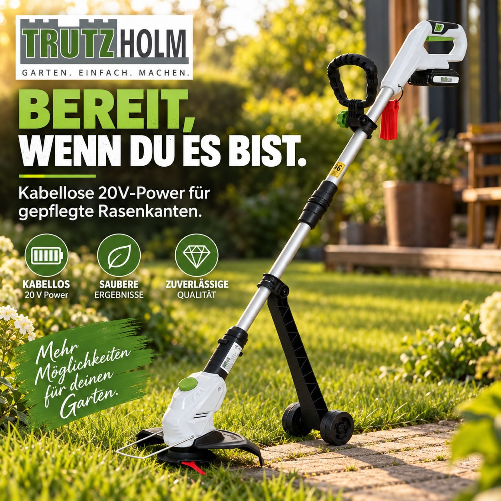 TRUTZHOLM Akku-Rasentrimmer 20 V 2,0 Ah Akku & Ladegerät Schnittkreis 26 cm inkl. 20x Nylonmesser, 26 cm Arbeitsbreite Messer, (Komplett-Set, Inkl. Akku und Lad – Bild 2 von 5