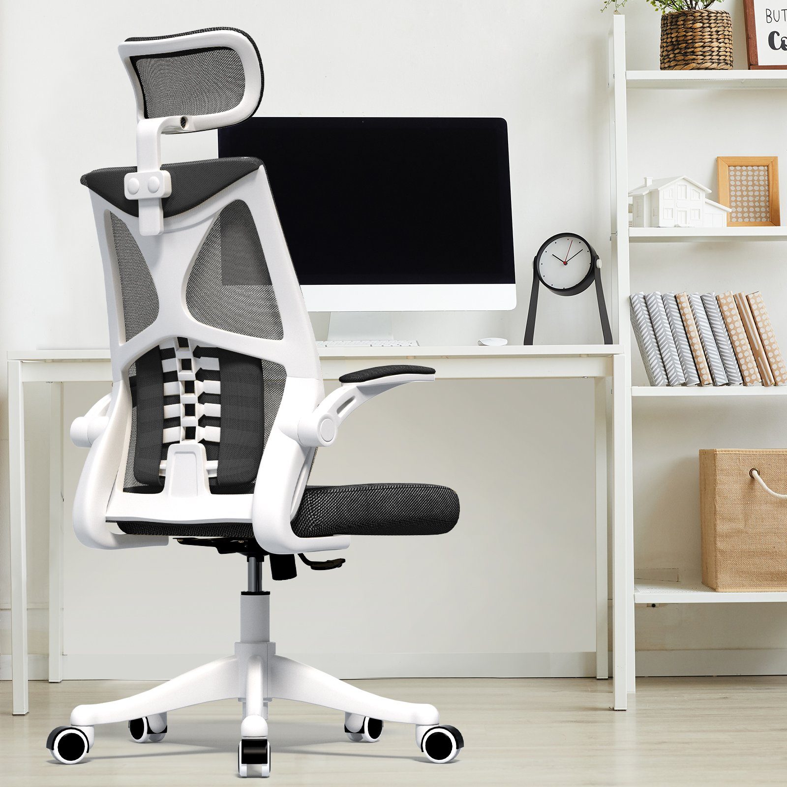 Schwarz UISEBRT Kopfstütze Ergonomisch Bürostuhl Schreibtischstuhl Drehstuhl, mit Blastbar Bürostuhl Verstellbarer Armlehnen, 150kg