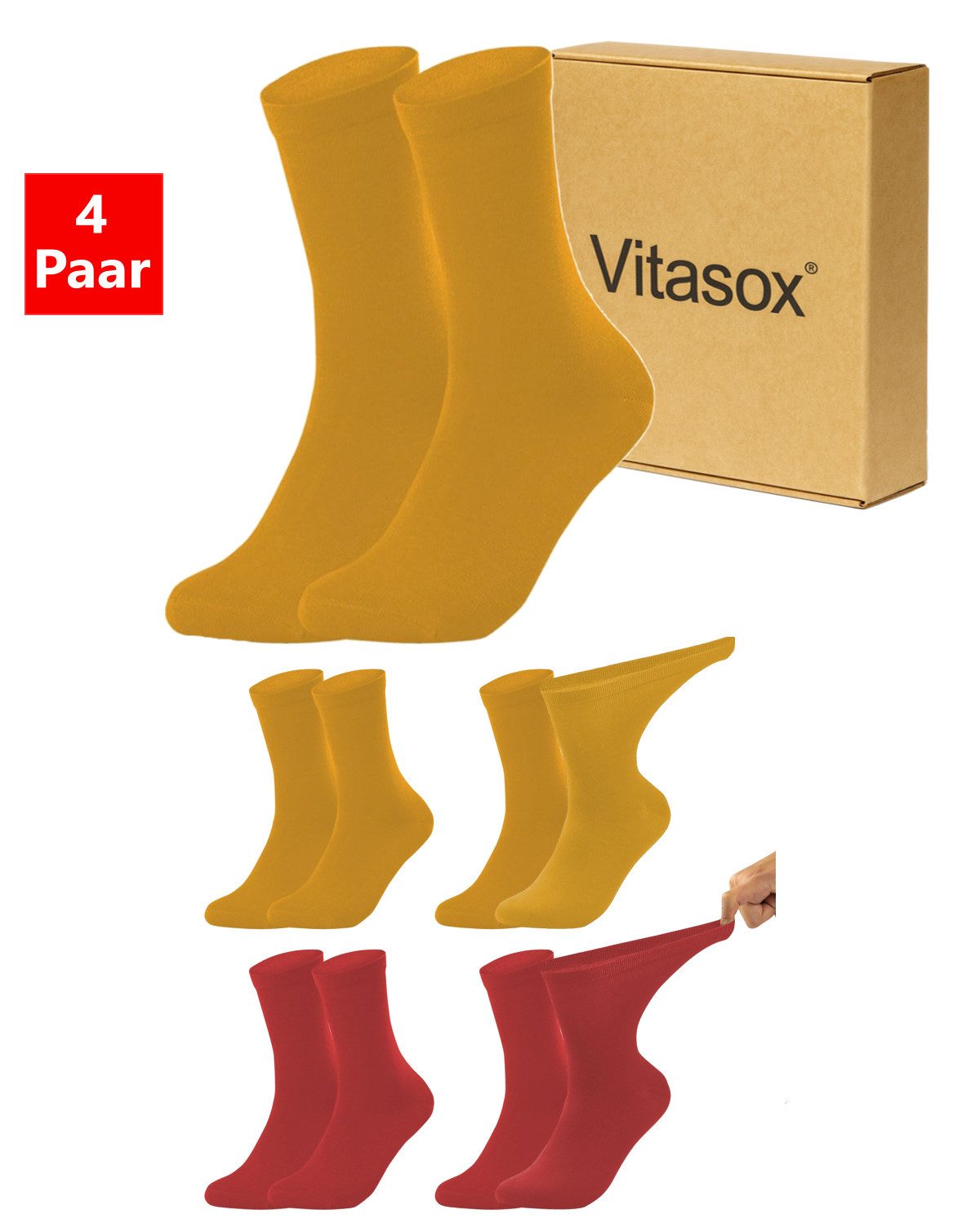 Vitasox Diabetikersocken für Damen - aus Baumwolle ohne Gummi, ohne Einschneiden und Abdrücken (4-Paar) mit weichem und dehnbarem Komfortbund