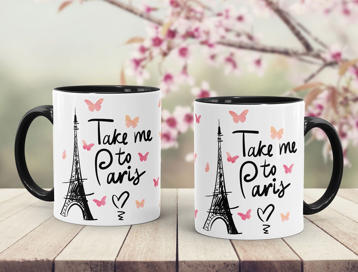 MoonWorks Tasse Kaffee-Tasse Take me Paris to schwarz Frau MoonWorks®, Keramik mit Innenfarbe Tasse Freundin Geschenk-Tasse für