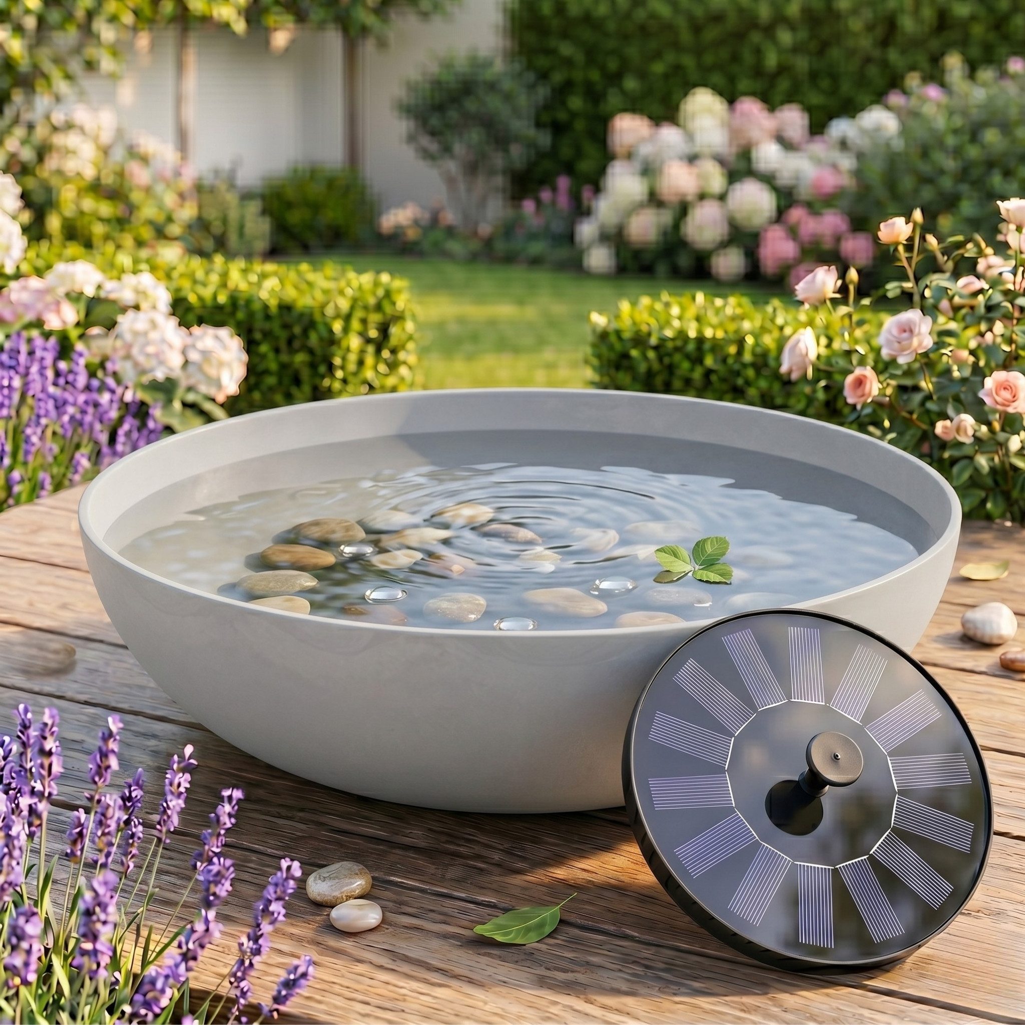matches21 HOME & HOBBY Wasserspiel Solar, Schale bauchig grau Ø 45 cm, Kunststoff, 2 tlg