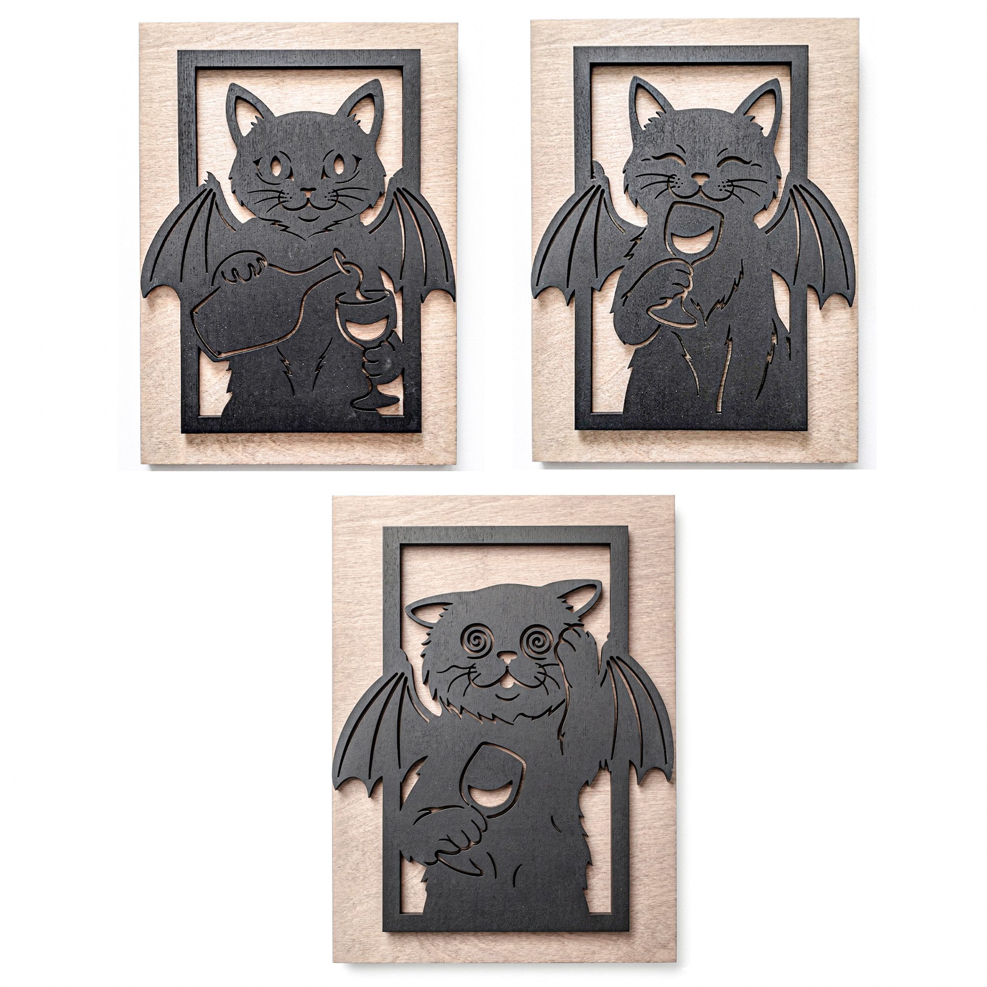 ORNAMENTI Wanddekoobjekt 3D Gemütliche Gotische Schwarze Fledermaus - Katze, Weinliebhaber (victorianisch, lustige Katze, Dark Academia, Hingucker Deko, Hexen - Zimmerdeko, Halloween), Handgefertigte Holzkunst, Verzierung fur Zuhause