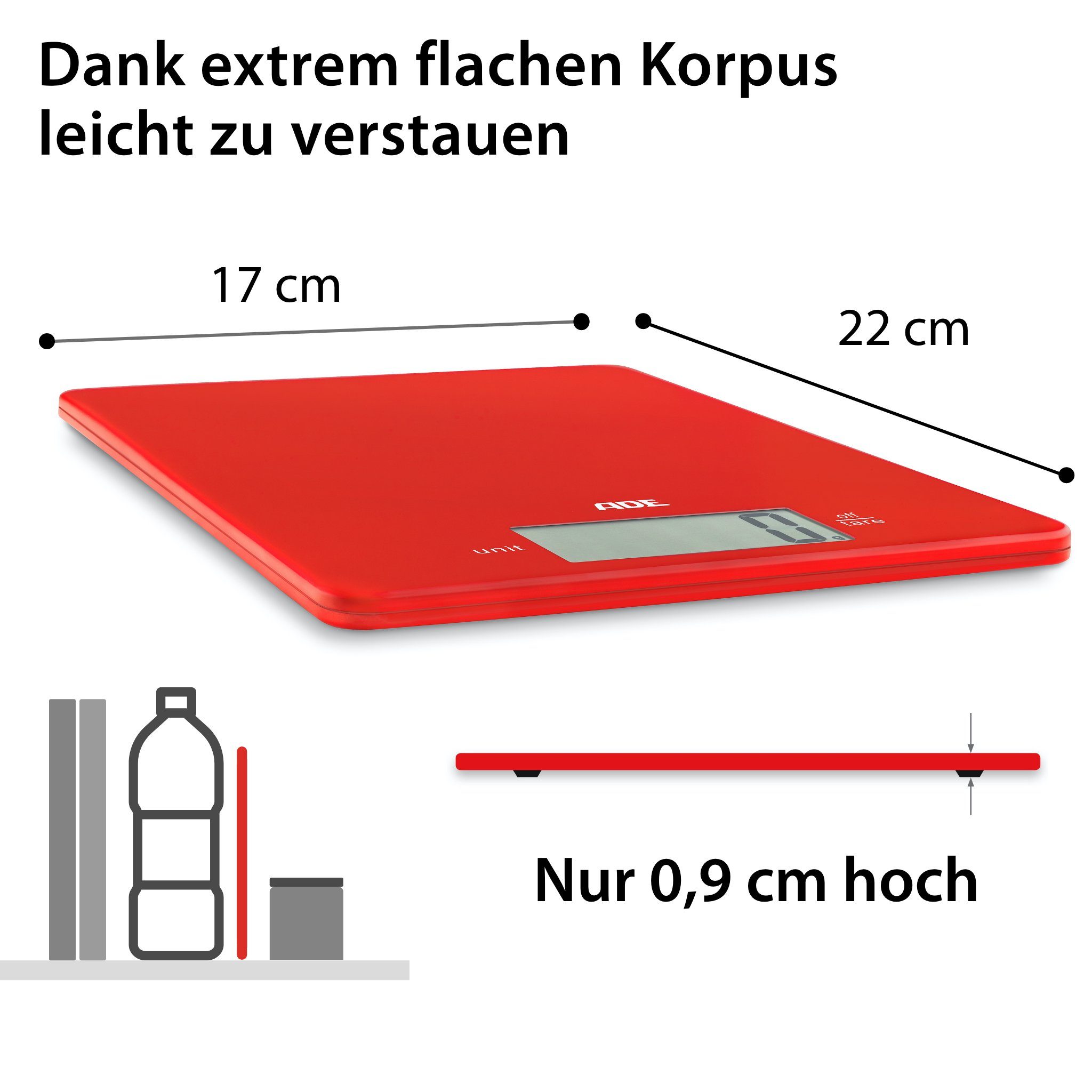 ADE Küchenwaage extrem flache Waage, nur 9mm hoch, platzsparend verstaubar, besonders präzise bis 5 kg