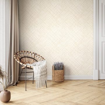 Newroom Vliestapete, Beige Tapete Uni Rattan-Optik - Strukturtapete Flechtmuster Weiß Landhaus Modern Fischgrätenmuster Korbgefelcht für Wohnzimmer Schlafzimmer Küche