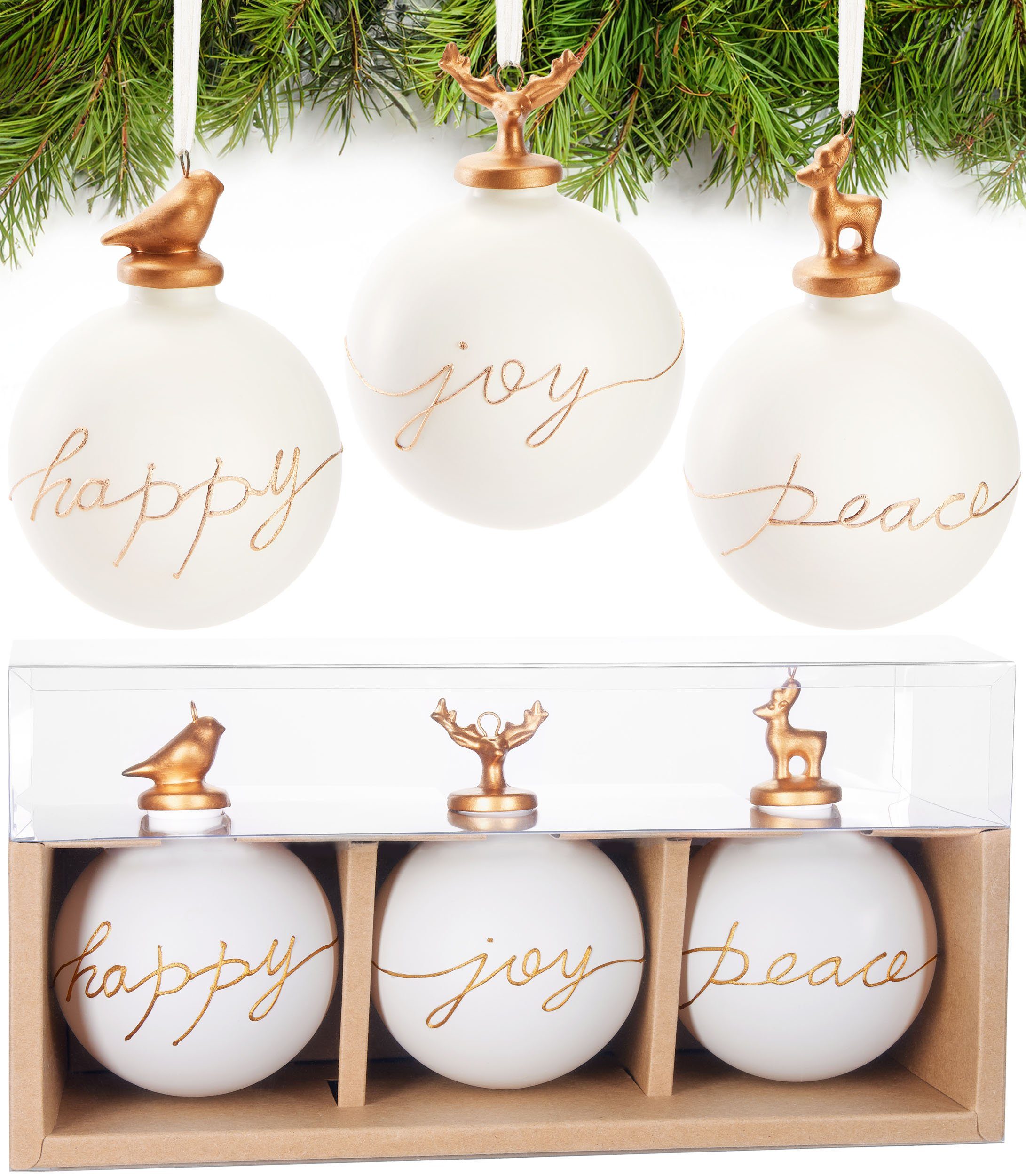 BRUBAKER Weihnachtsbaumkugel 3er Set Weihnachtskugeln - Premium Glas Baumkugeln mit Porzellan Figur (3 St), Moderne Weihnachtsdekoration - 8 cm Christbaumkugeln Christbaumschmuck