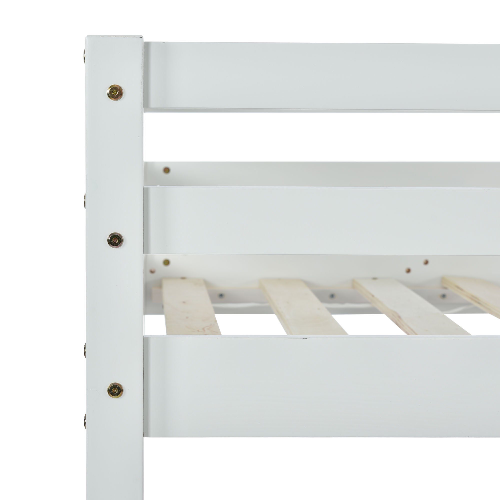 Etagenbett (Hochbett 90x200 cm mit Lattenrost und Rausfallschutz), Kinderbett mit Leiter, Zäune und Tür, aus massivem Kiefernholz