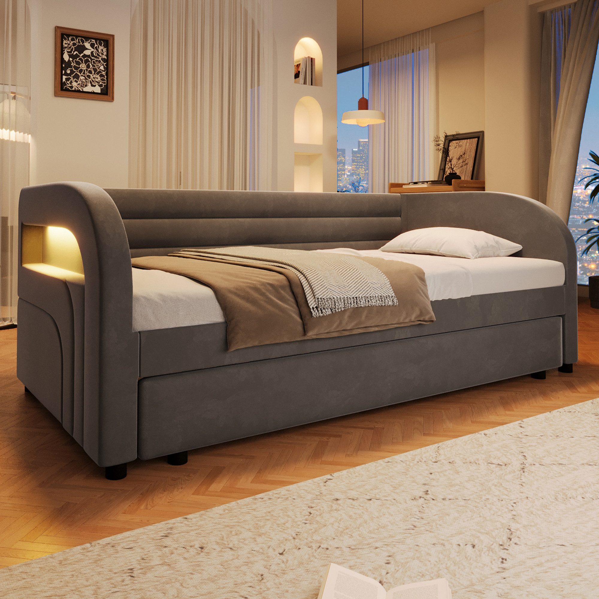 Flieks Daybett, Polsterbett 90x200cm mit Ausziehbett 90x190cm und LED-Beleuchtung