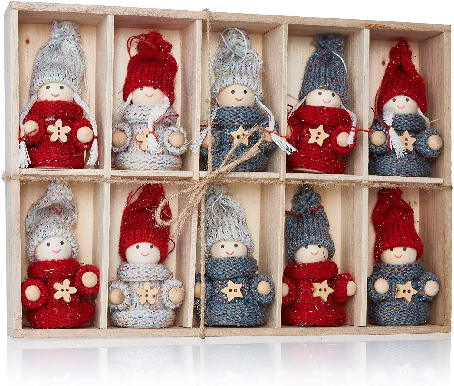 BRUBAKER Christbaumschmuck Weihnachtswichtel Set Winterkinder (10-tlg), Weihnachtsanhänger aus Holz und Strick, 7,5 cm hoch, Baumschmuck in Geschenkbox, Baumanhänger Wichtel, Weihnachtsdeko