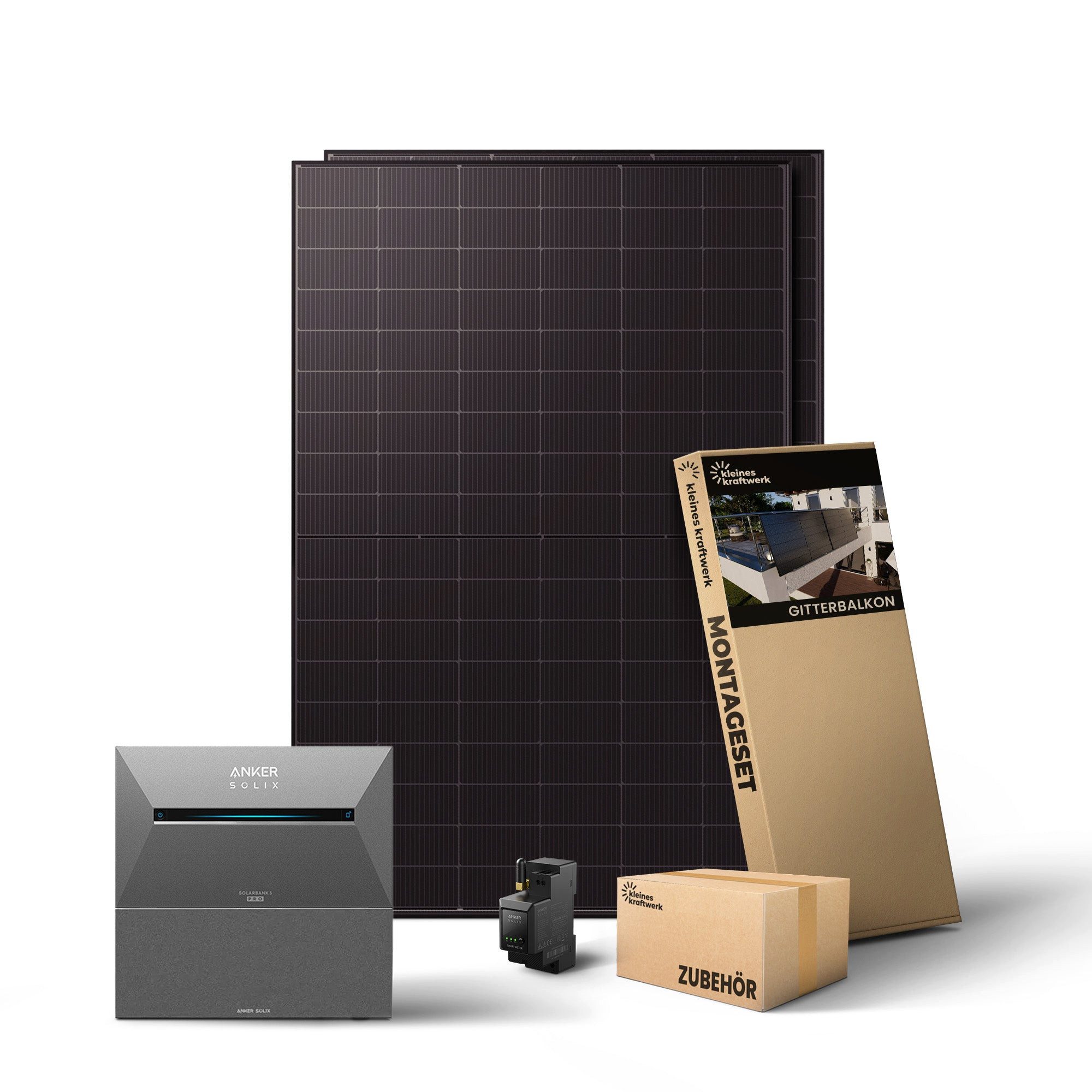Kleines Kraftwerk Balkonkraftwerk, 1000 W, Monokristallin, (Gitterbalkon, Solaranlage Komplettset mit Speicher), 2 x 500W, Anker Solarbank 3 Pro, Wechselrichter