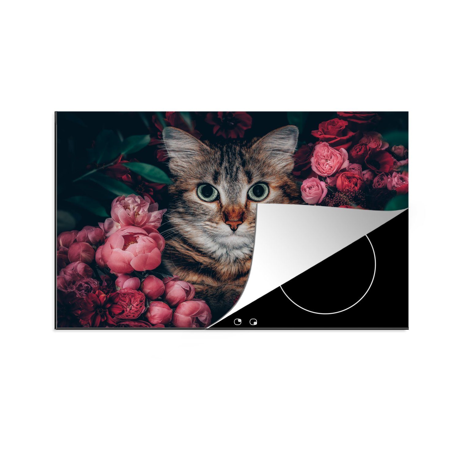 MuchoWow Herdblende-/Abdeckplatte Katze - Blumen - Blätter - Botanisch, Vinyl, (1 tlg), 80x52 cm, Induktionskochfeld Schutz für die küche, Ceranfeldabdeckung