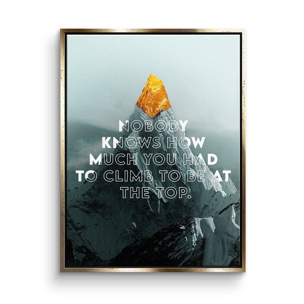 DOTCOMCANVAS® Leinwandbild, Premium Motivationsbild - Berge und Landschaft - Be at the Top goldener Rahmen