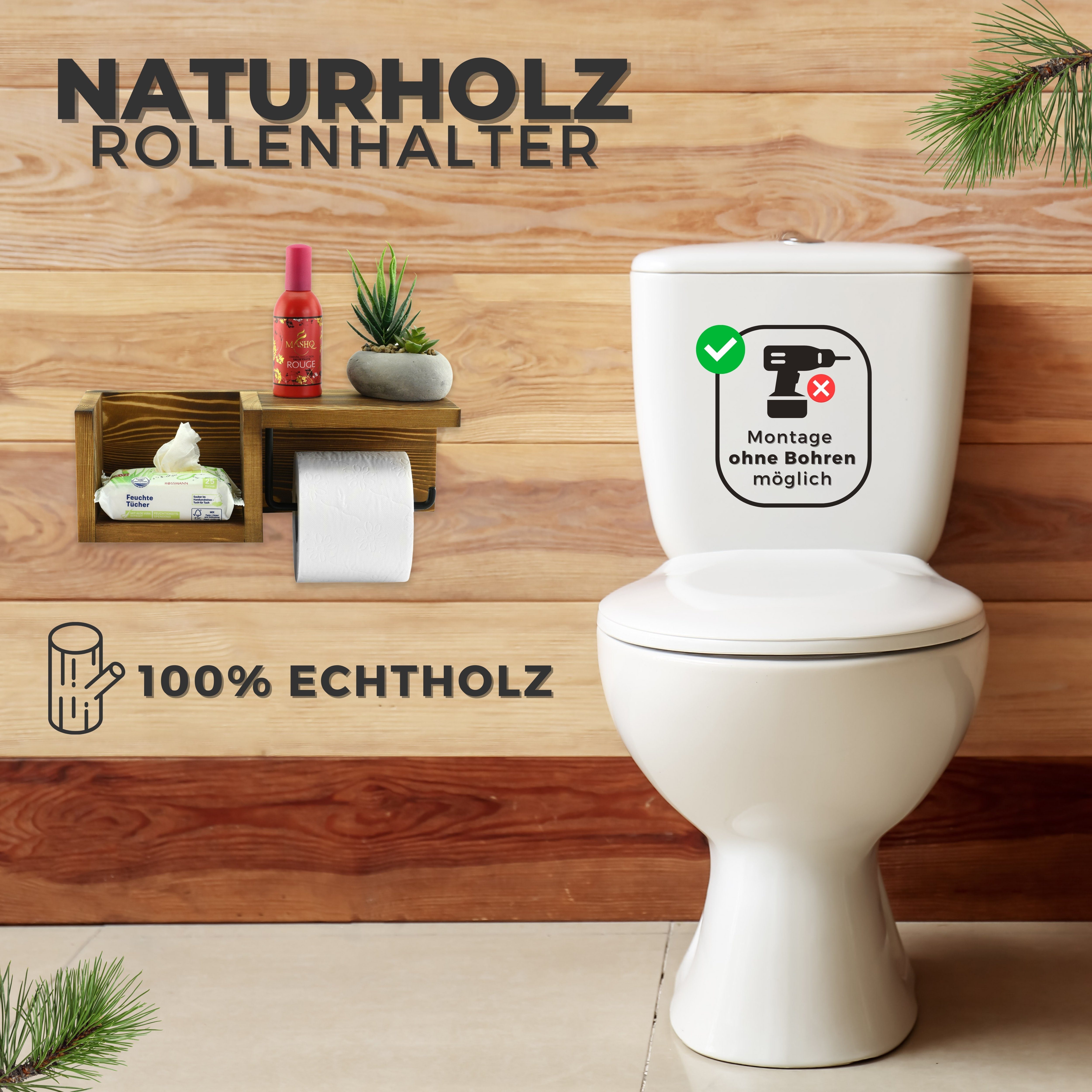 Echtholz mit Felino Halterung aus 100% OHNE Klopapierhalter (Kiefer) (1-St), Ablage Holz Bohren Toilettenpapierhalter