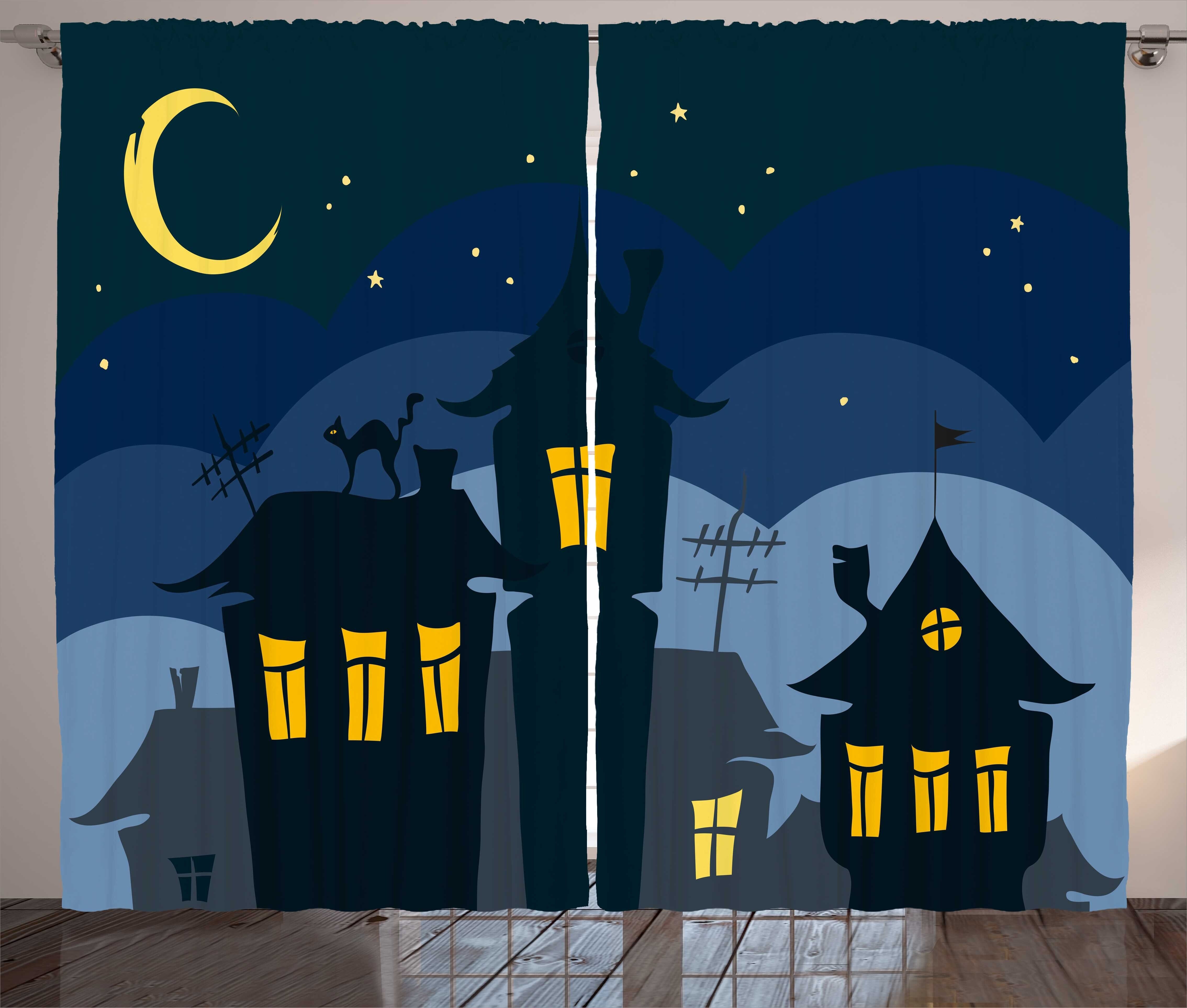 Gardine Schlafzimmer Kräuselband Vorhang mit Schlaufen und Haken, Abakuhaus, Halloween Cartoon Stadt mit Katze