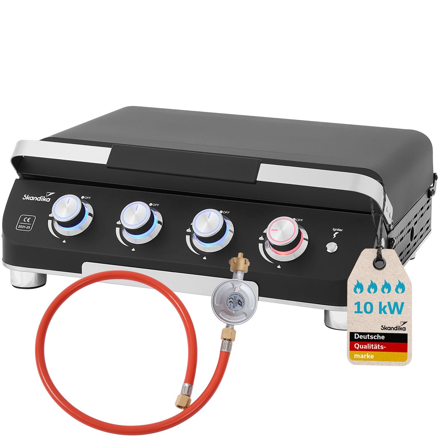 Skandika Camping-Gasgrill Plancha Grill Palo 4-Brenner Plus, Gasplancha Grillplatte mit Deckel, 4 Brenner, transportabler Gasgrill mit Kochplatte, Höhenverstellbare Füße, Seitliche Belüftungsöffnungen