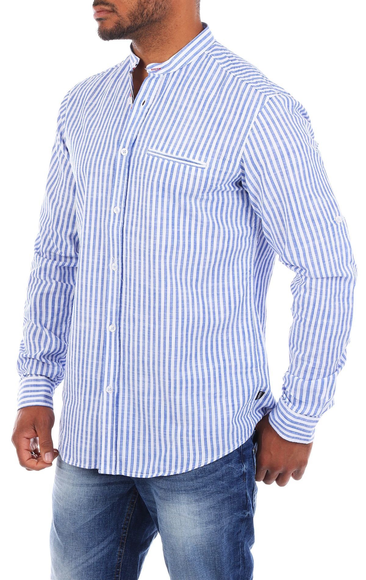 CARISMA Langarmhemd Herren Baumwoll Leinen Mix Hemd 8455 Regular Langarm Stehkragen Gestreift