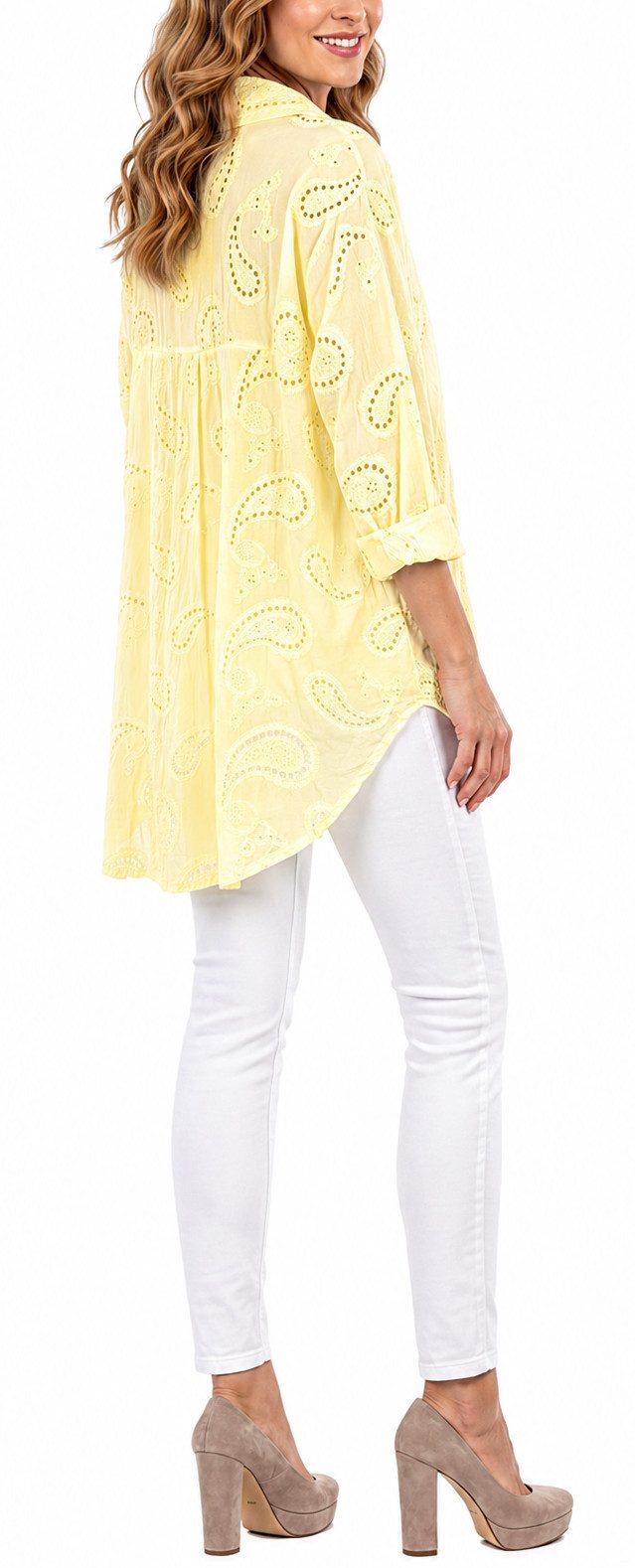 dy_mode Longbluse Damen Longbluse Oversize Tunika Boho Baumwollbluse Sommerbluse in Unifarbe, mit Paisley Lochstickerei, in Vokuhila-Schnitt