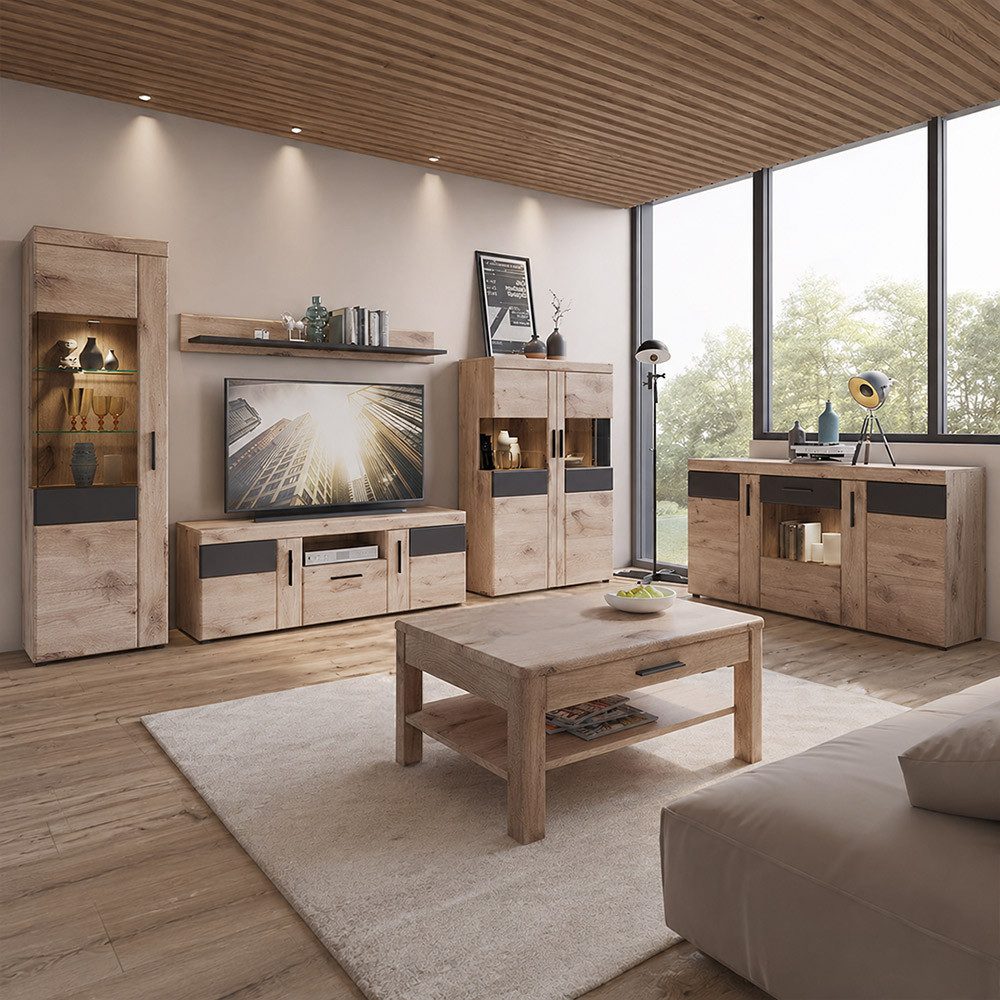 Lomadox Wohnzimmer-Set GRAHAM-129, (Mega-Spar-Set, 6-St., Vitrine Lowboard Wandboard Highboard Sideboard Couchtisch), Eiche Dekor mit Grau Türen mit Softclose inkl. Beleuchtung