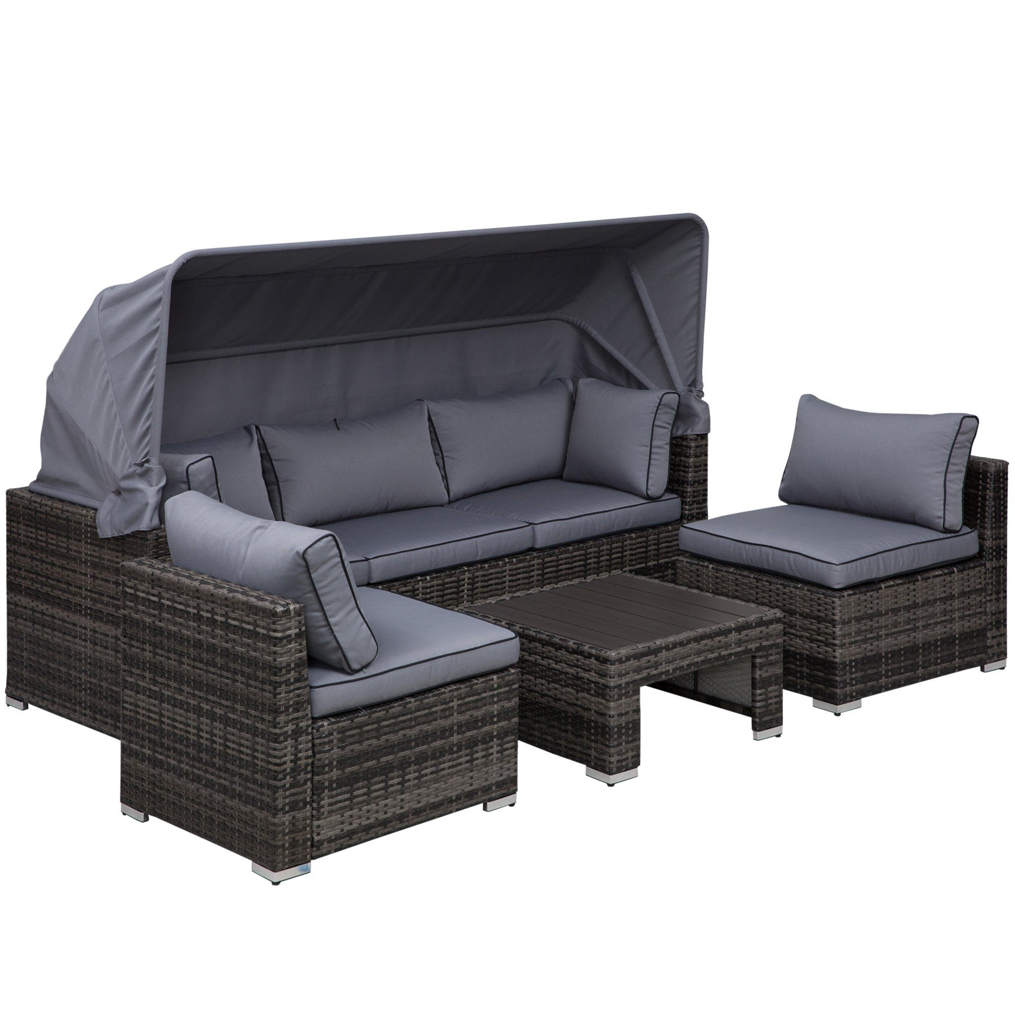 Outsunny Sitzgruppe Rattan Lounge Set mit Sonnendach inkl. Kissen und Beistelltisch, (Gartengruppe, 4-tlg., Loungegruppe), Metall, Grau, 215 x 75 x 64 cm