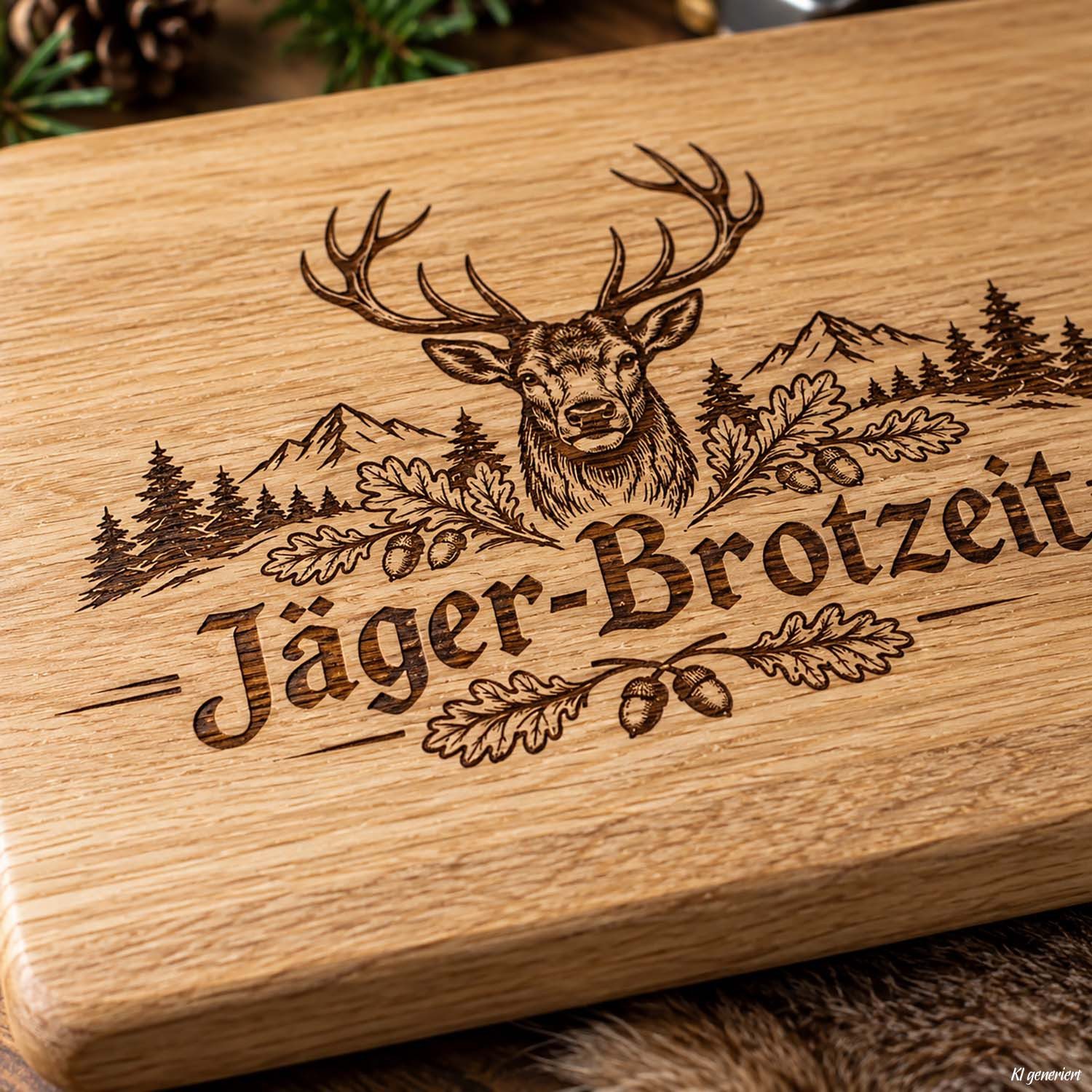 Camolo Frühstücksbrett Jäger-Brotzeit Brett aus Eiche mit Hirsch Gravur 30 x 20 cm – Bild 5 von 5
