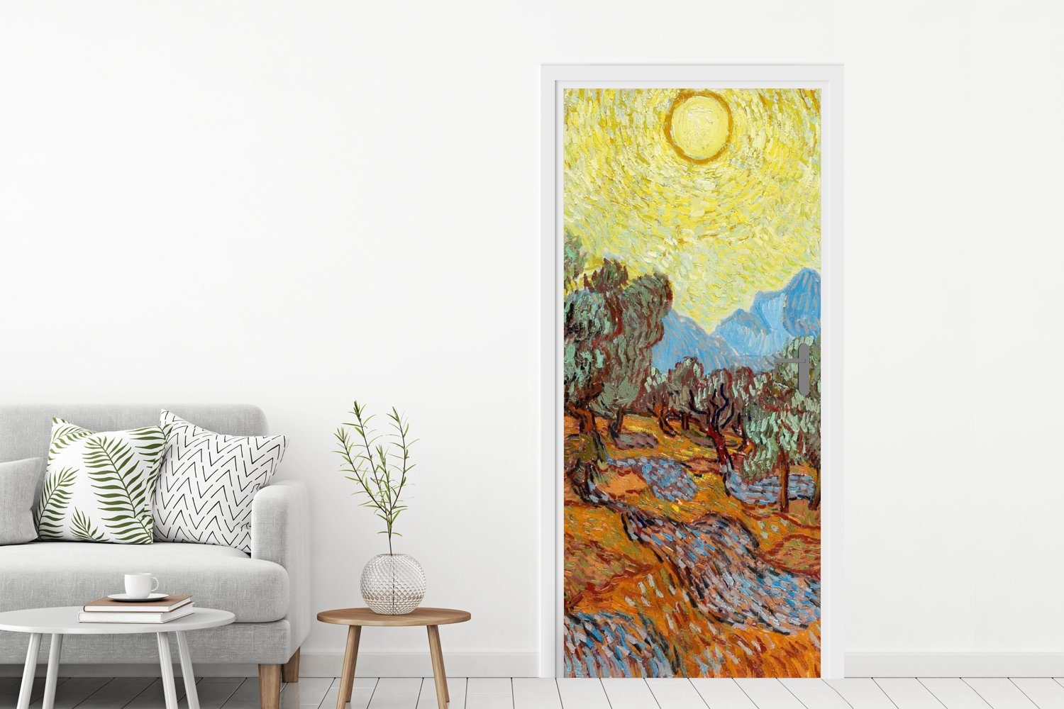 Sonne gelbem (1 Gogh, und Olivenbäume Türtapete Himmel bedruckt, - van Matt, cm MuchoWow Fototapete für Tür, St), 75x205 Vincent mit Türaufkleber,