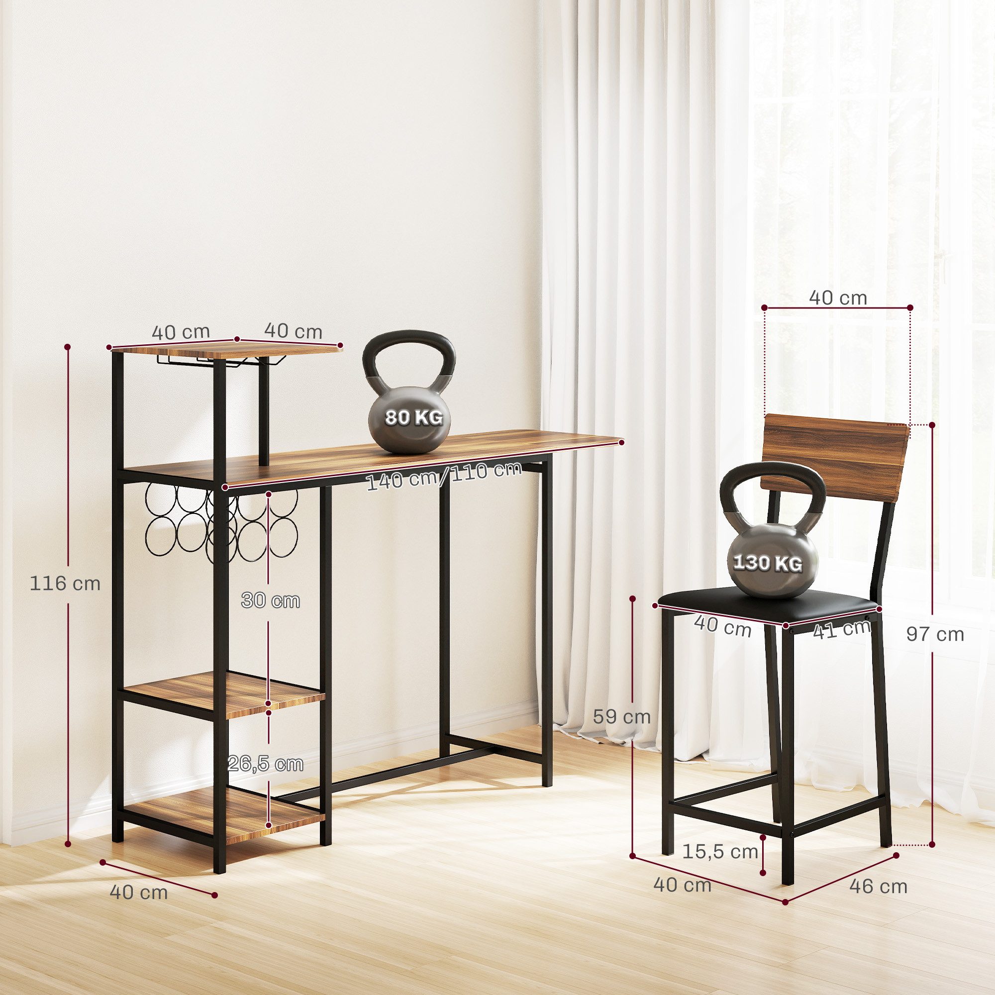 HOMCOM Bargruppe mit klappbar Küchentisch, Weinglashalter, Ablage, 2 Barstühlen, (Bartisch mit Barhocker Set, 3-tlg., Bartisch-Set), im Modern-Stil, für Esszimmer, Küche, Stahl, Braun