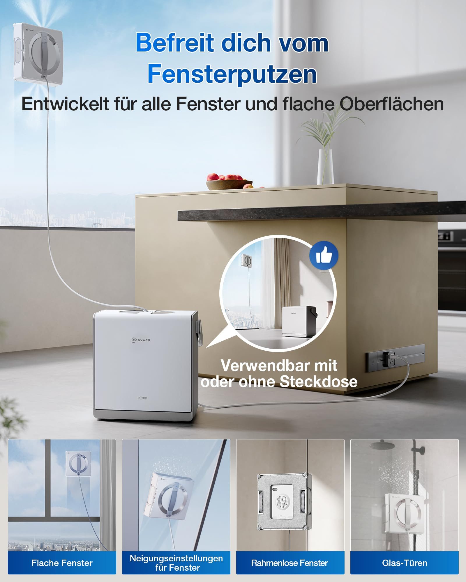 ECOVACS Fensterputzroboter WINBOT W2 PRO OMNI, Intelligente, unterbrechungsfreie Fensterreinigung, mit 7 Modi, automatischer Nachladung & innovativer Randerkennung