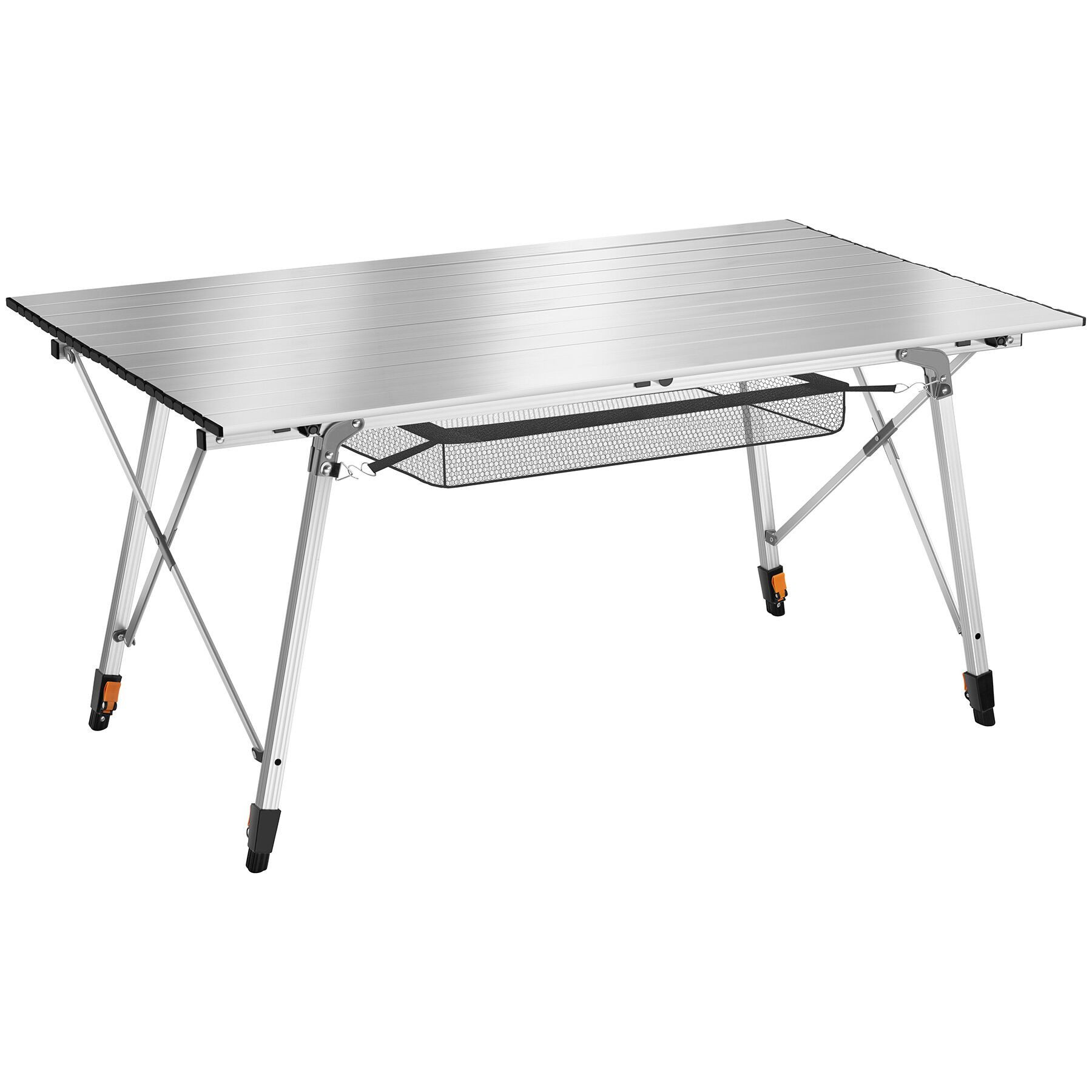 tectake Campingtisch Aluminium Klapptisch - faltbar, wetterfest, 120 x 70,5 x 58 – 79 cm (Outdoor Beistelltisch Bastian, 1-St., in silber), höhenverstellbar, mit Aufbewahrungsnetz und Tragetasche