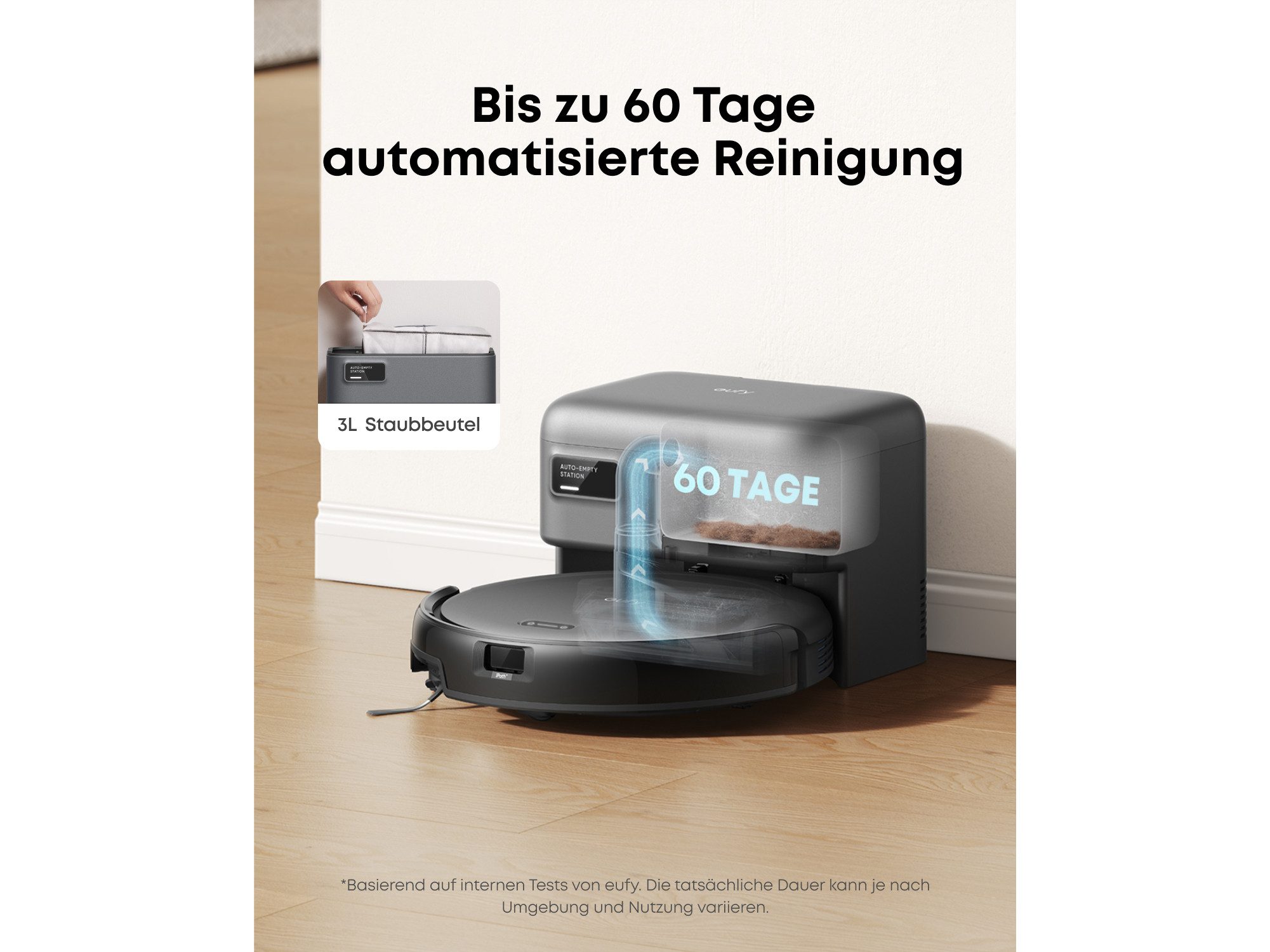 eufy Saugroboter C10 Saugroboter mit Automatischer Absaugstation,Teppichreinigung, 40 W, mit Beutel, 7,3cm Design,Ausfahrbare Seitenbürste für EckenAutomatische Entleerung