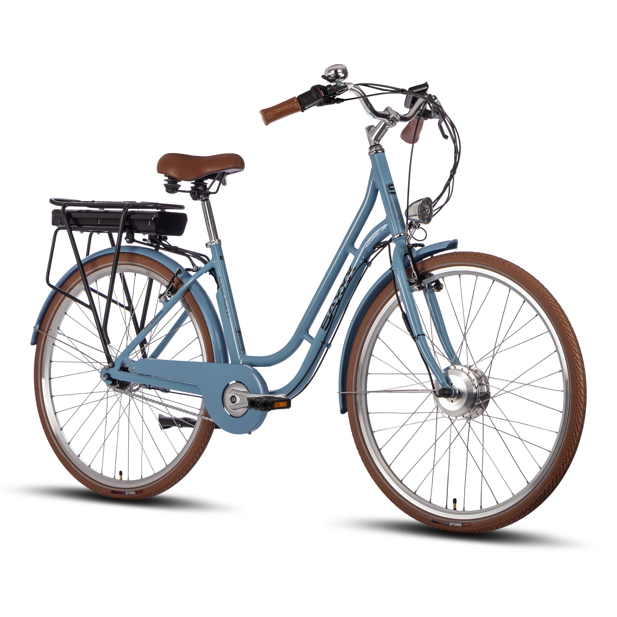 SAXXX E-Bike Cityrad 28'' für Damen Herren, Classic, 418Wh, 110km, Rücktrittbremse, 7 Gang SHIMANO Nexus Schaltwerk, Nabenschaltung, Vorderradmotor, 418 Wh, (mit Gepäckträger, abnehmbarer Akku, 95 % vormontiert), Pedelec, E-Citybike mit Tiefeinstieg, RH: 45 cm, bis 130kg