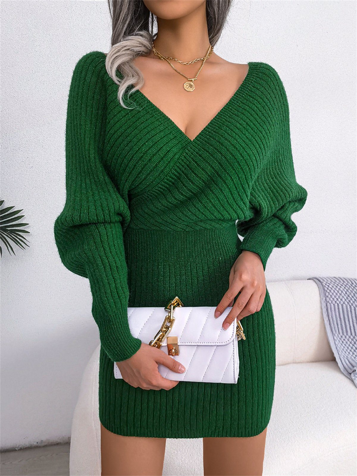 selected carefully Sexy grün V-Ausschnitt Damen-Tunika-Pulloverkleid mit Strickkleid Jersey und
