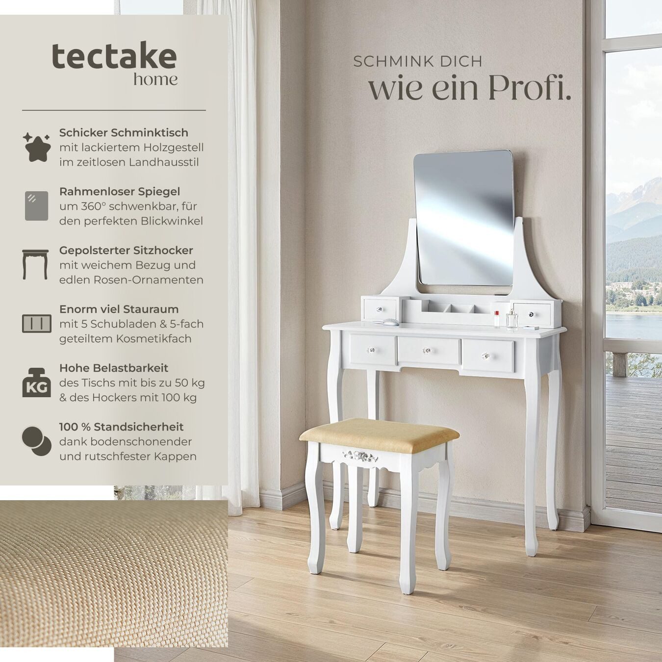 tectake Schminktisch Frisiertisch Claire mit Hocker (1-St., 2 tlg), Edler S günstig online kaufen