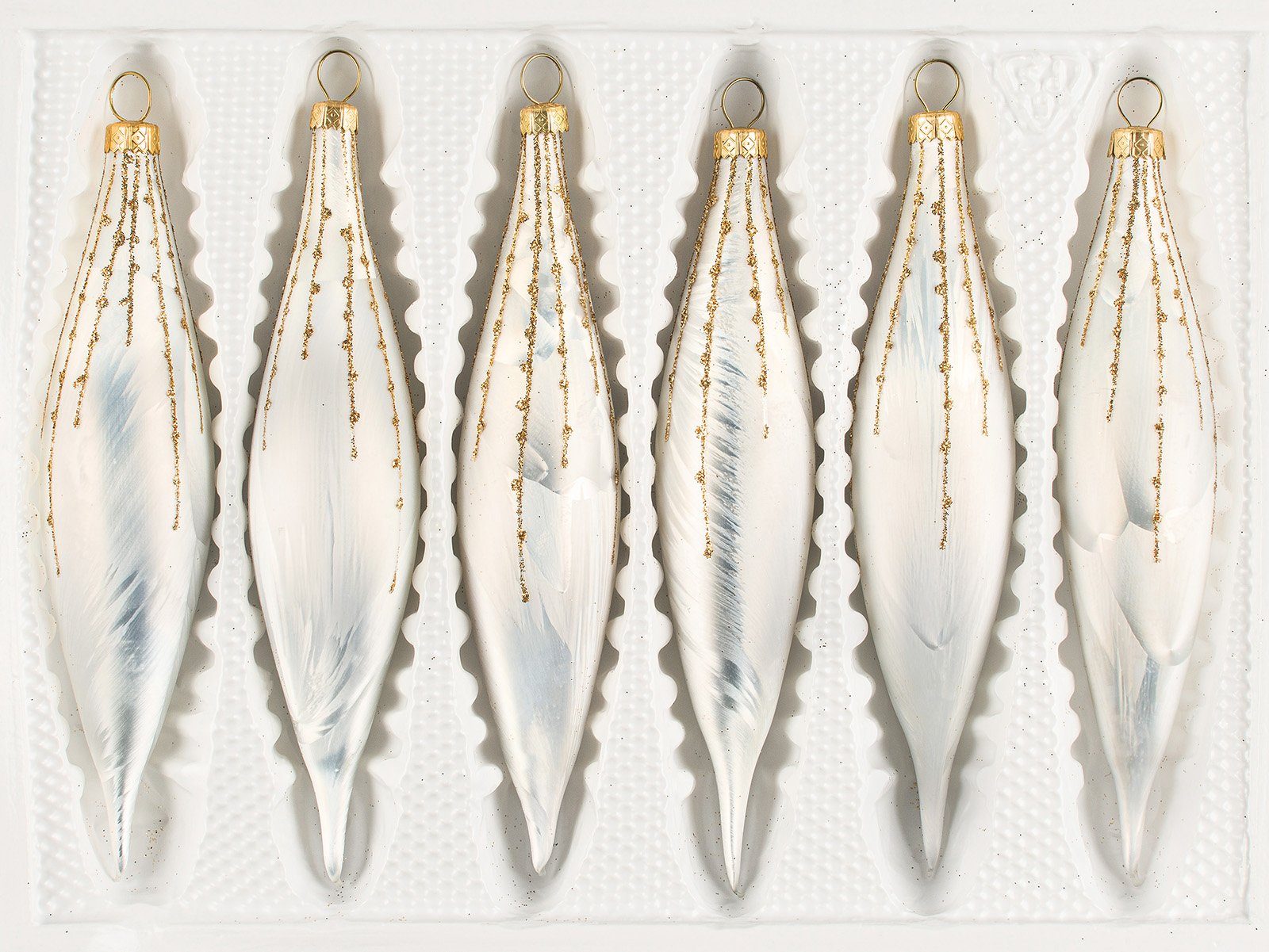 Christbaumschmuck 6 tlg. Glas-Zapfen Set in "Ice Weiss Gold" Regen