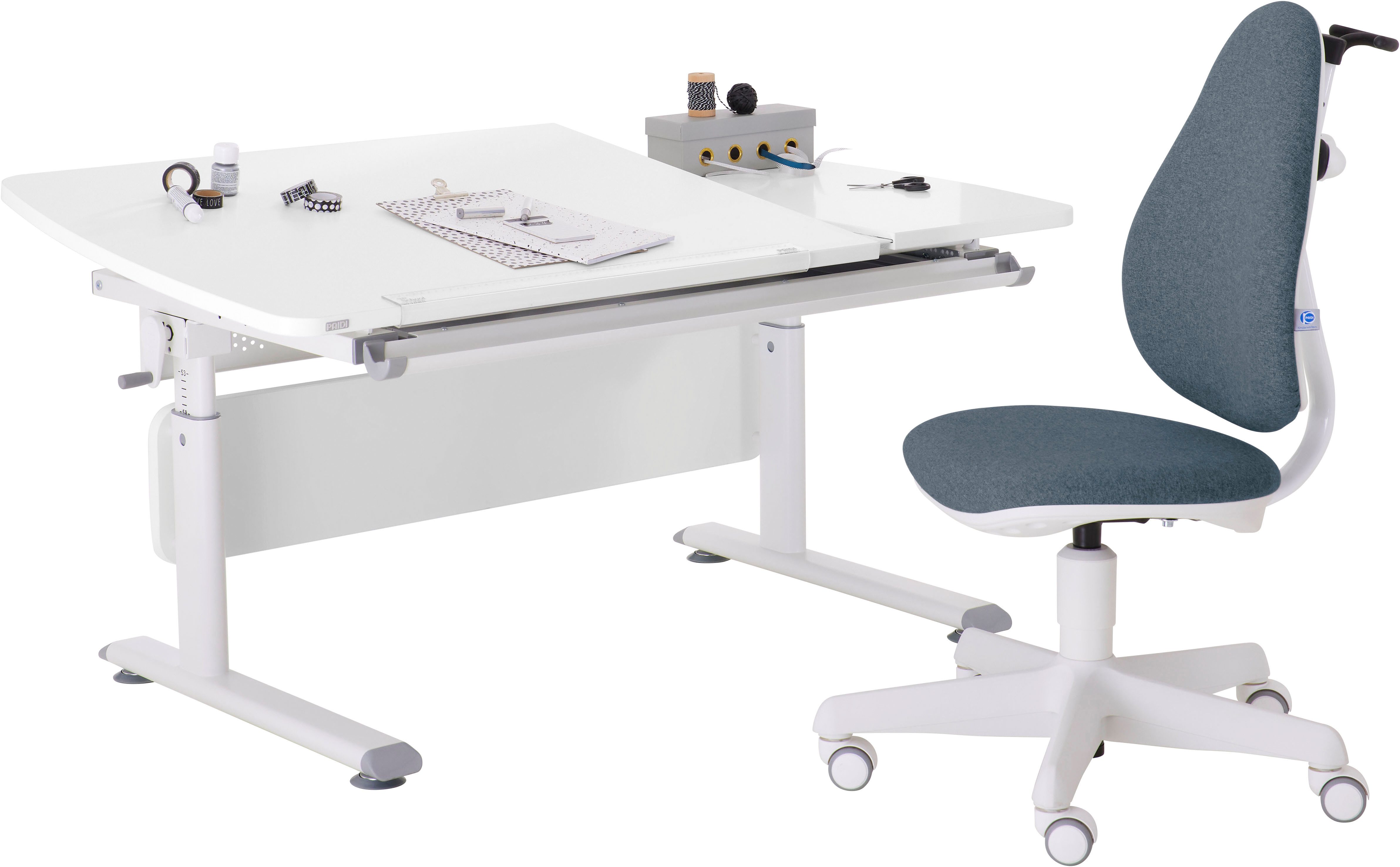 PAIDI Büromöbel-Set Kinderschreibtisch & Drehstuhl in Weiß, mitwachsend & ergonomisch, (Spar-Set, 130x70 cm Schülerschreibtisch, Kinderstuhl in Blau/Rosa), stufenlos höhenverstellbar, neigbare Tischplatte, Schulstarter-Set
