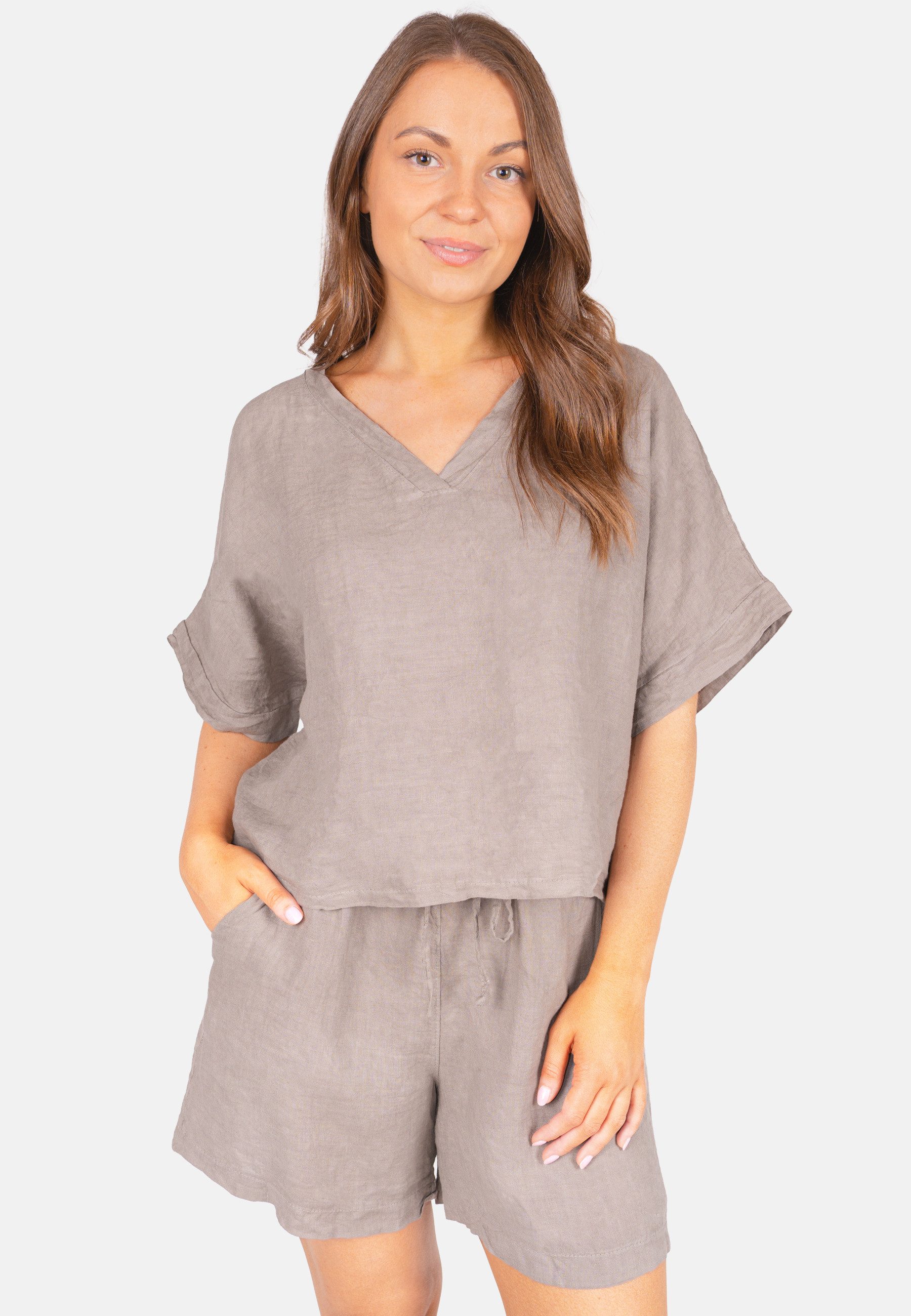 Seasons of April Oversize-Shirt TAMARA LINO (1-tlg) Leinen Shirt Damen Oversized Kurzarm V-Ausschnitt Leinen Bluse Tamara