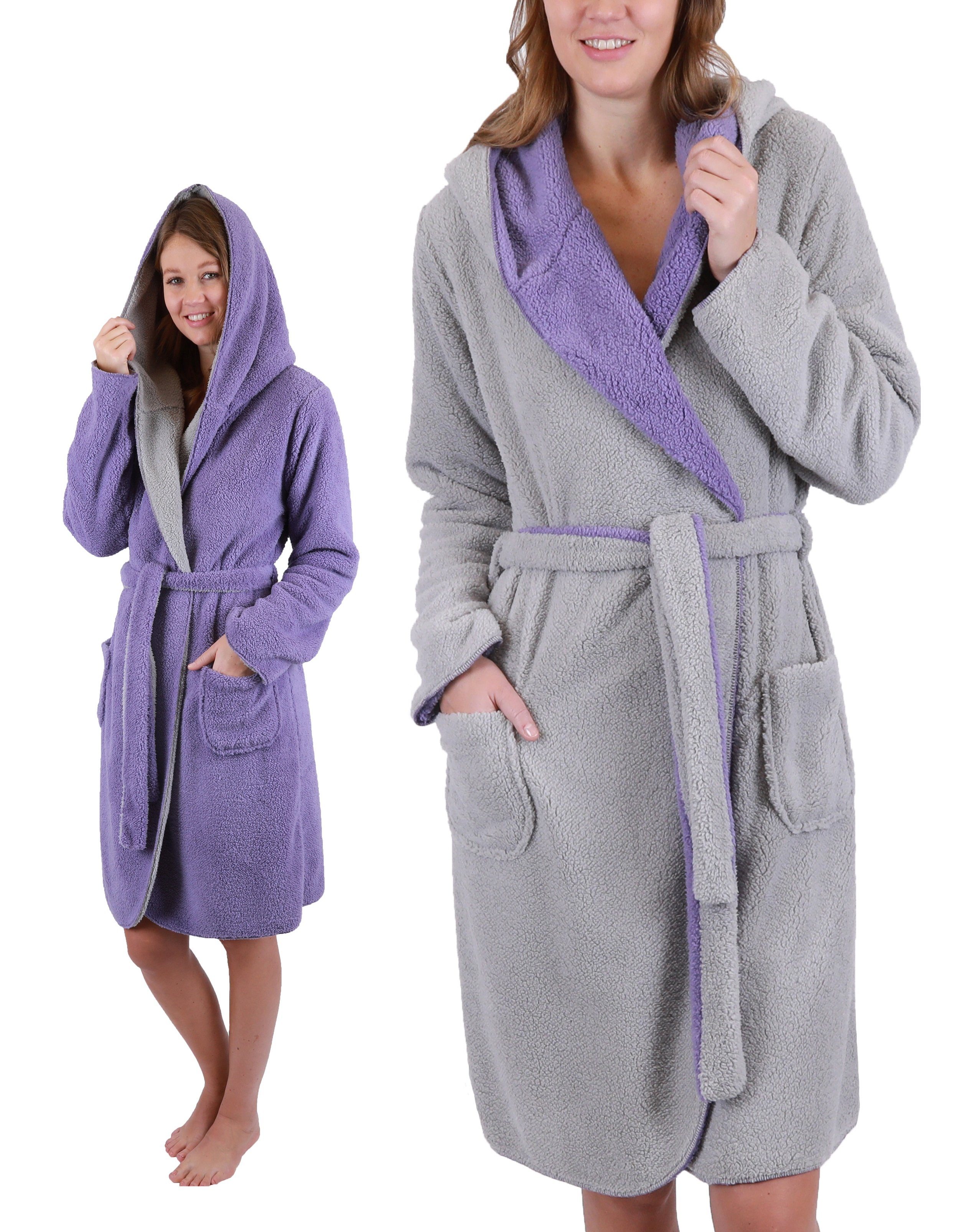 Betz Bademantel Wendebademantel KIEL Saunamantel mit Kapuze, 100% Polyester, Kapuze, Gurtel, Bindegürtel sowie 2 aufgesetzte Taschen