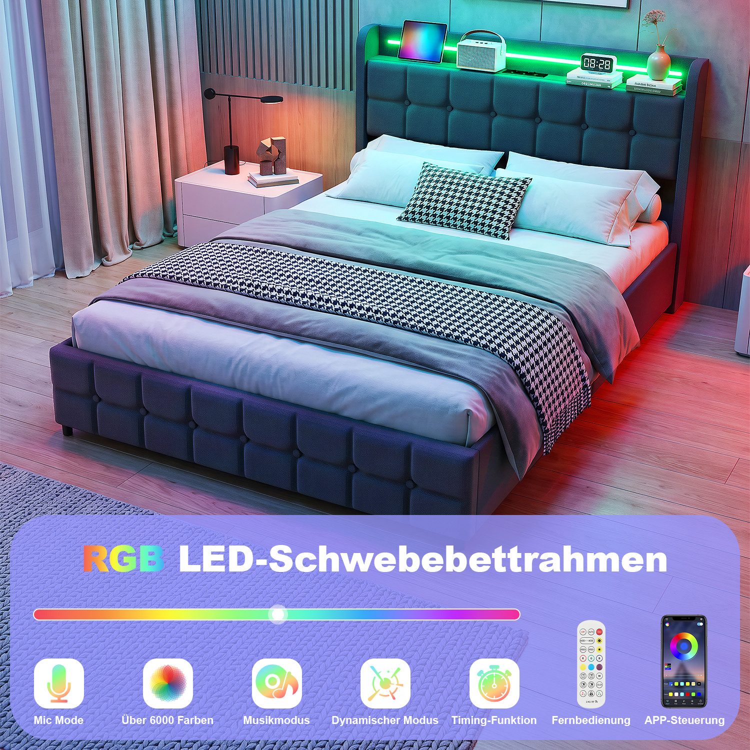 oyajia Polsterbett LED Doppelbett 140x200cm mit 2 Schubladen und Ladefunktion Polsterbett (Einzelbett Bettgestell mit Kopfteil und Lattenrost, Leinen Polsterbet – Bild 3 von 5