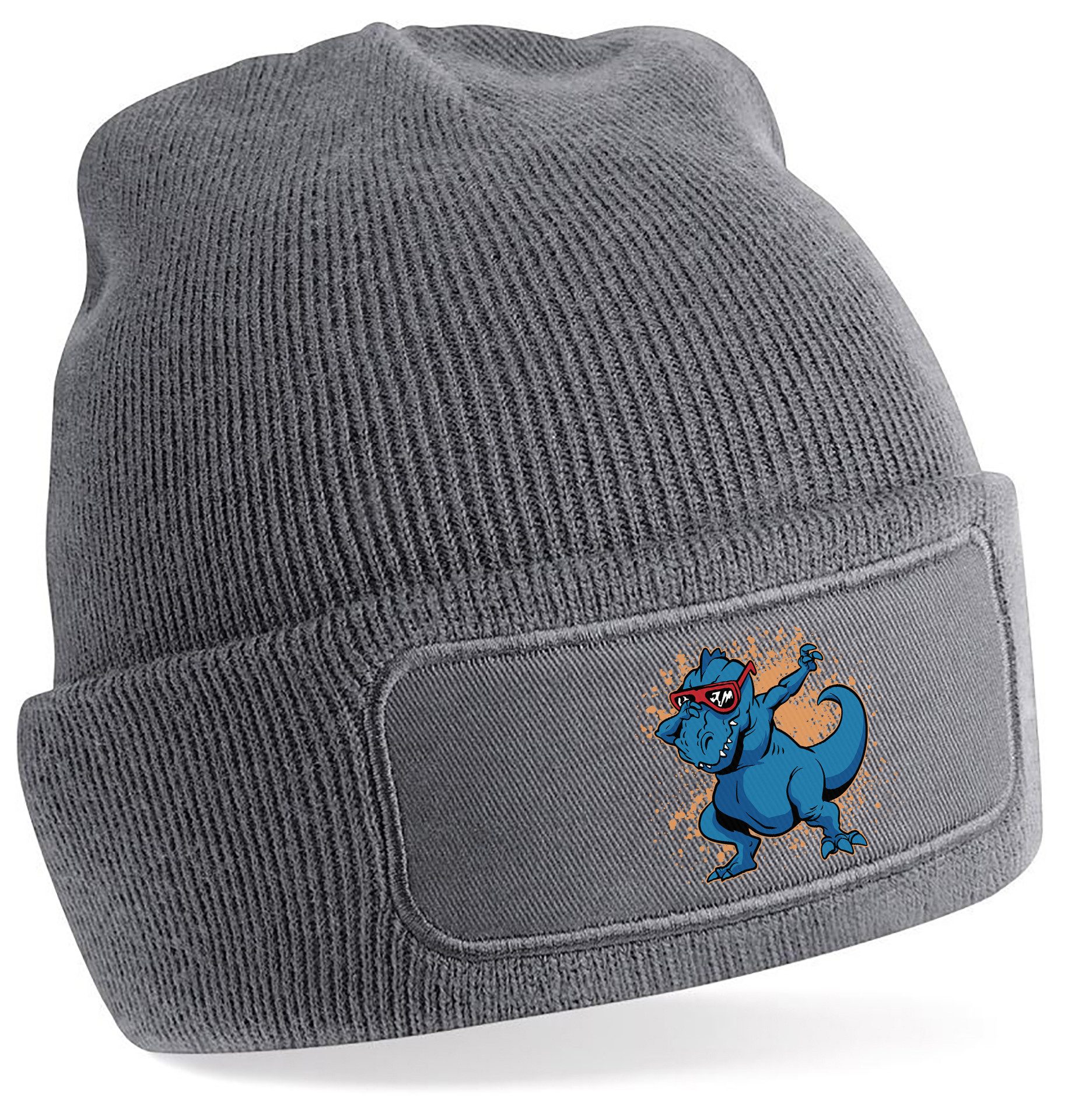 MyDesign24 Strickmütze für kalte Tage - Beanie mit Dab tanzendem Dino Print Coole Dino Mütze Wintermütze i49