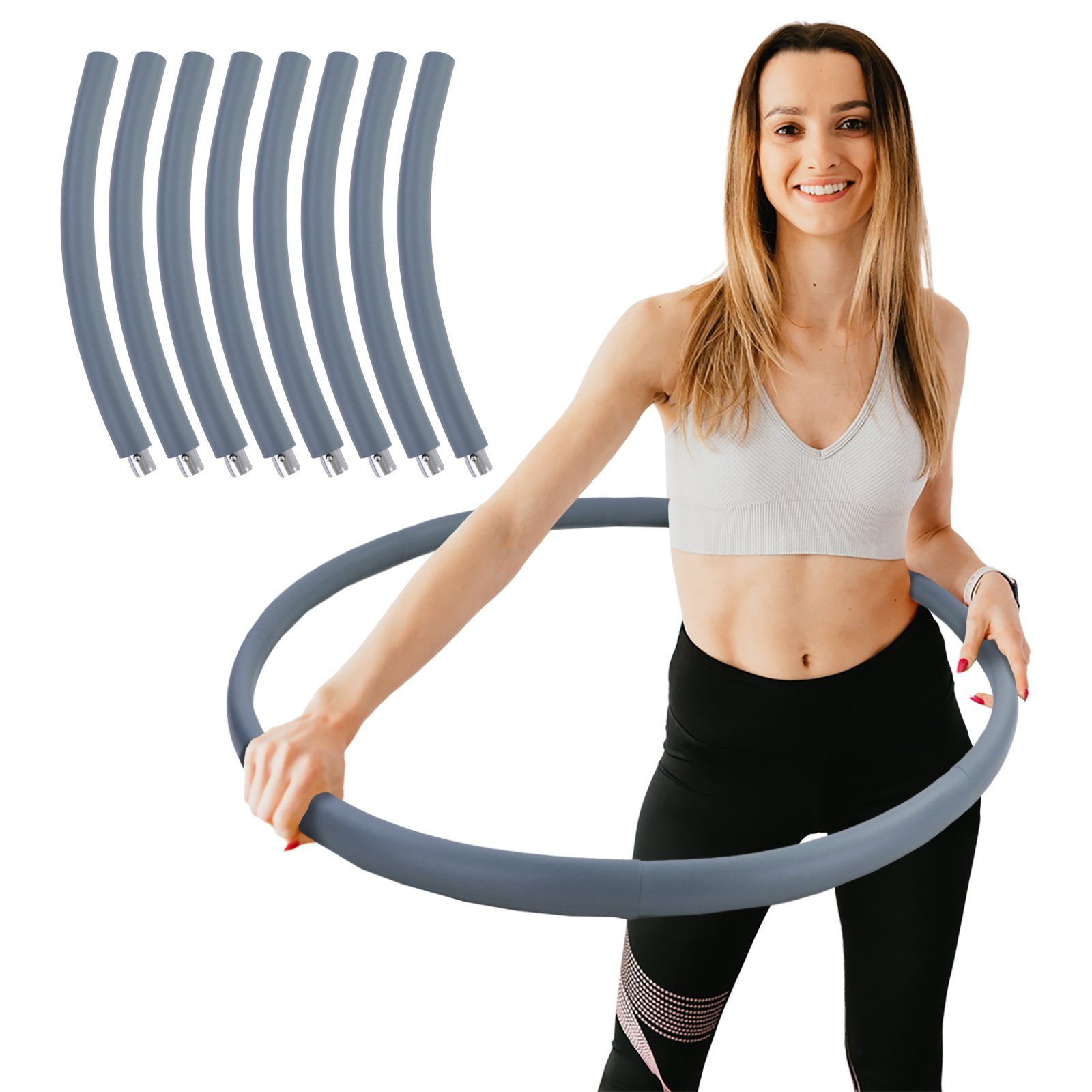 RAMROXX Hula-Hoop-Reifen Hula Hoop Fitness Reifen Edelstahl 8 Teile gepolstert befüllbar Grau