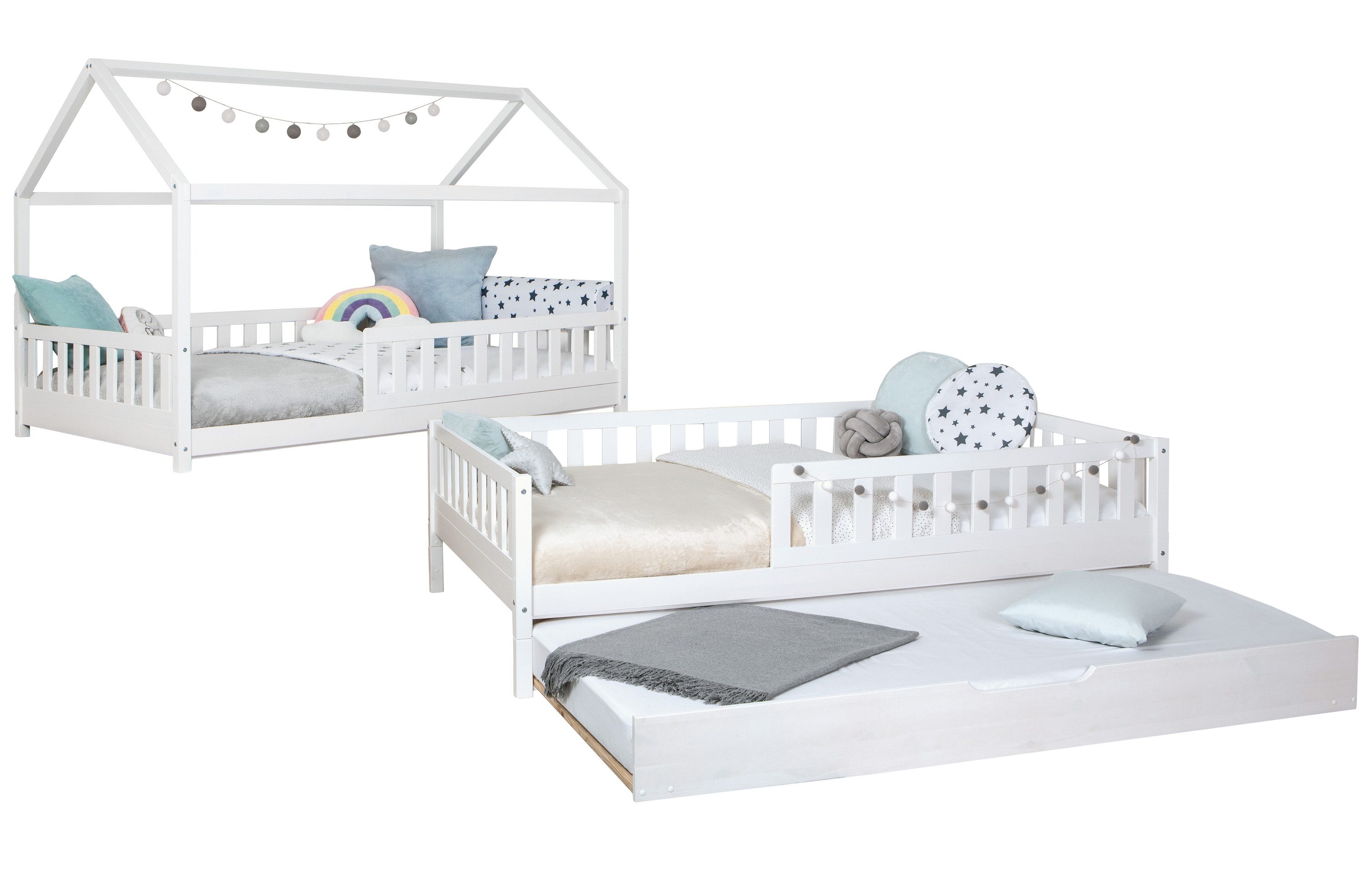 Ticaa Hausbett Duo mit Rausfallschutz und Zusatzbett aus Kiefer, Bodenbett 90x200, inkl. abnehmbarem Dach, mit Rollrost