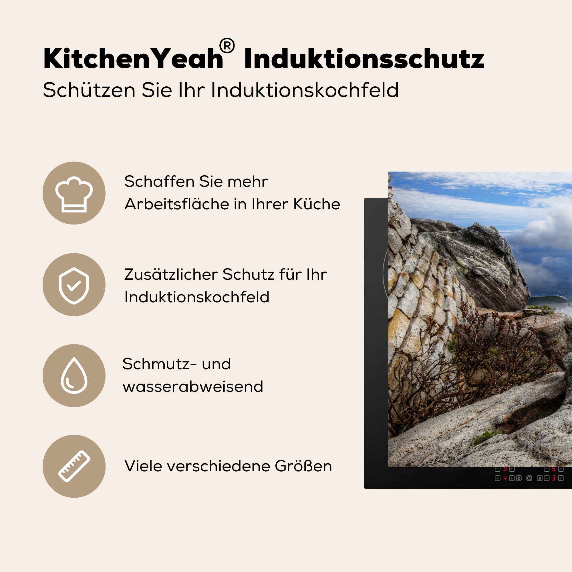 Vinyl, tlg), die Induktionskochfeld Berg, auf (1 für einem MuchoWow Kap-Felswand küche, Herdblende-/Abdeckplatte Schutz Ceranfeldabdeckung 81x52 cm,