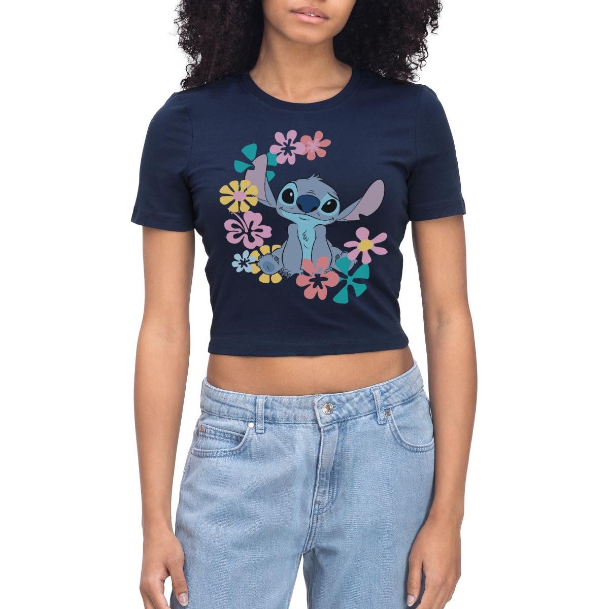 Spreadshirt T-Shirt Lilo & Stitch, Stitch Mit Hawaiianischen Blumen Crop Top (1-tlg)