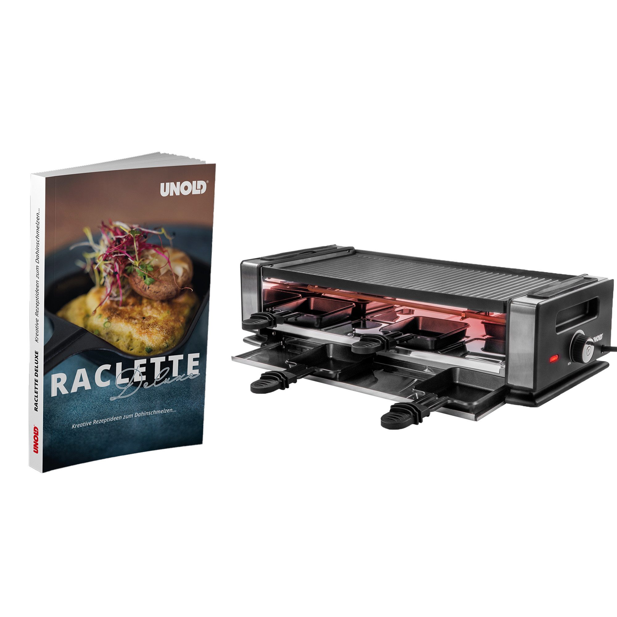 Unold Raclette Finesse Basic inklusive Raclette Buch, 8 Raclettepfännchen, 1200,00 W, Grillplatte wendbar ausziehbare Pfännchenablage