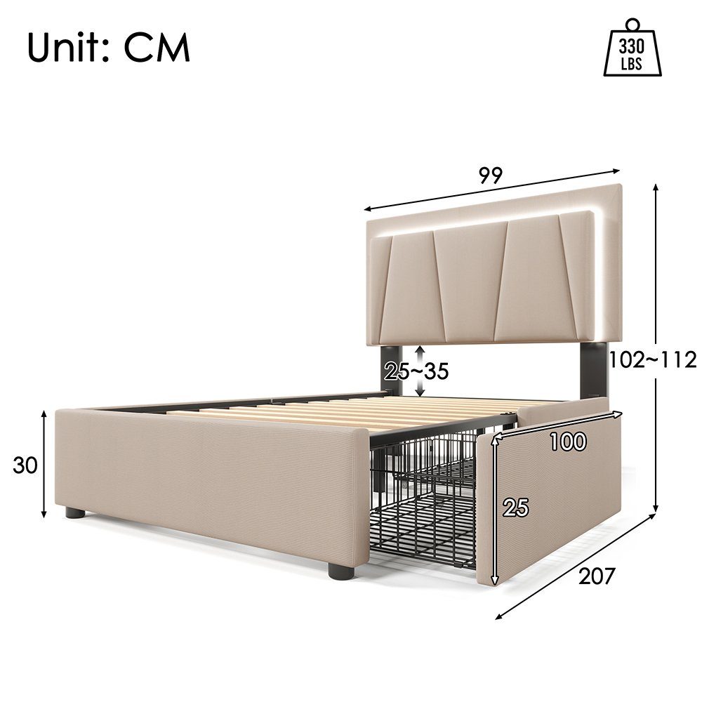 Polsterbett (Stauraumbett, mit Matratze), Einzelbett 90x200cm mit LED-Beleuchtung und 2 Schubladen