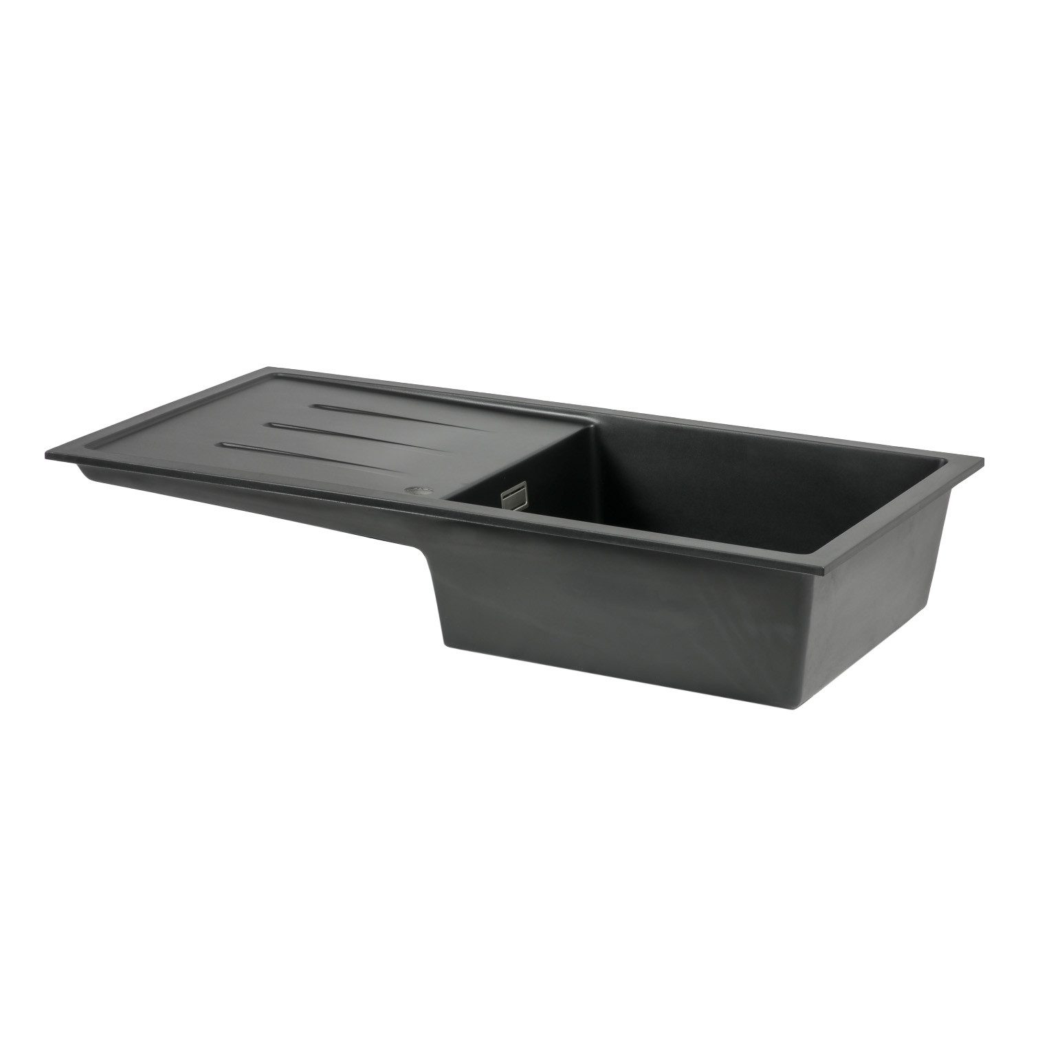 Stabilo Sanitär Einbauspüle Einbauspülbecken Schwarz eckig in Granitoptik mit Abtropffläche rechts, Rechteckig, 100/50 cm, (Komplett-Set, Edelstahl Ablaufsieb, mit Hahn-Durchführung, Siphon inkl. Zubehör), rostfrei und hitzebeständig