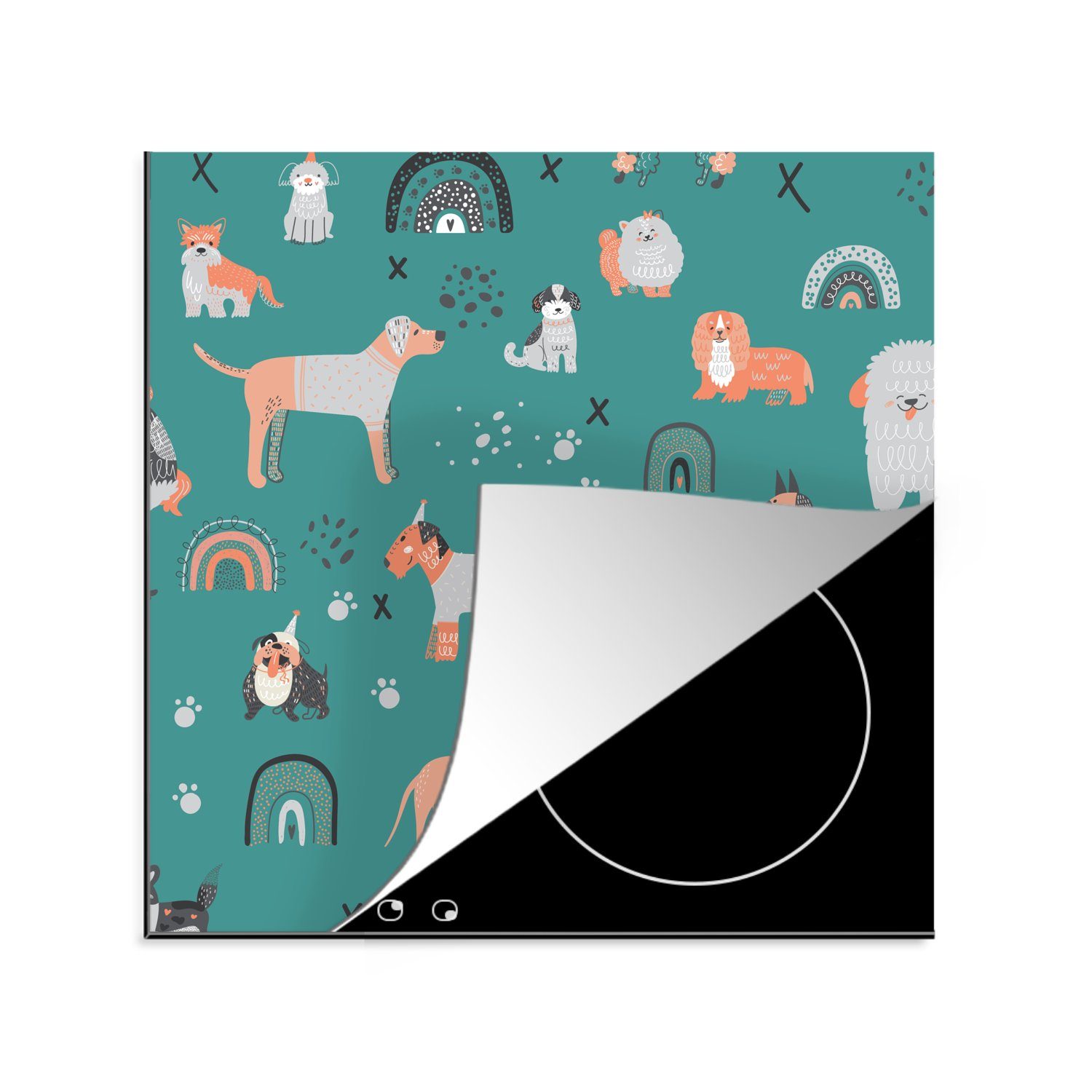 MuchoWow Herdblende-/Abdeckplatte Hund Illustration mit verschiedenen Arten von Hunden gegen einen, Vinyl, (1 tlg), 78x78 cm, Ceranfeldabdeckung, Arbeitsplatte für küche