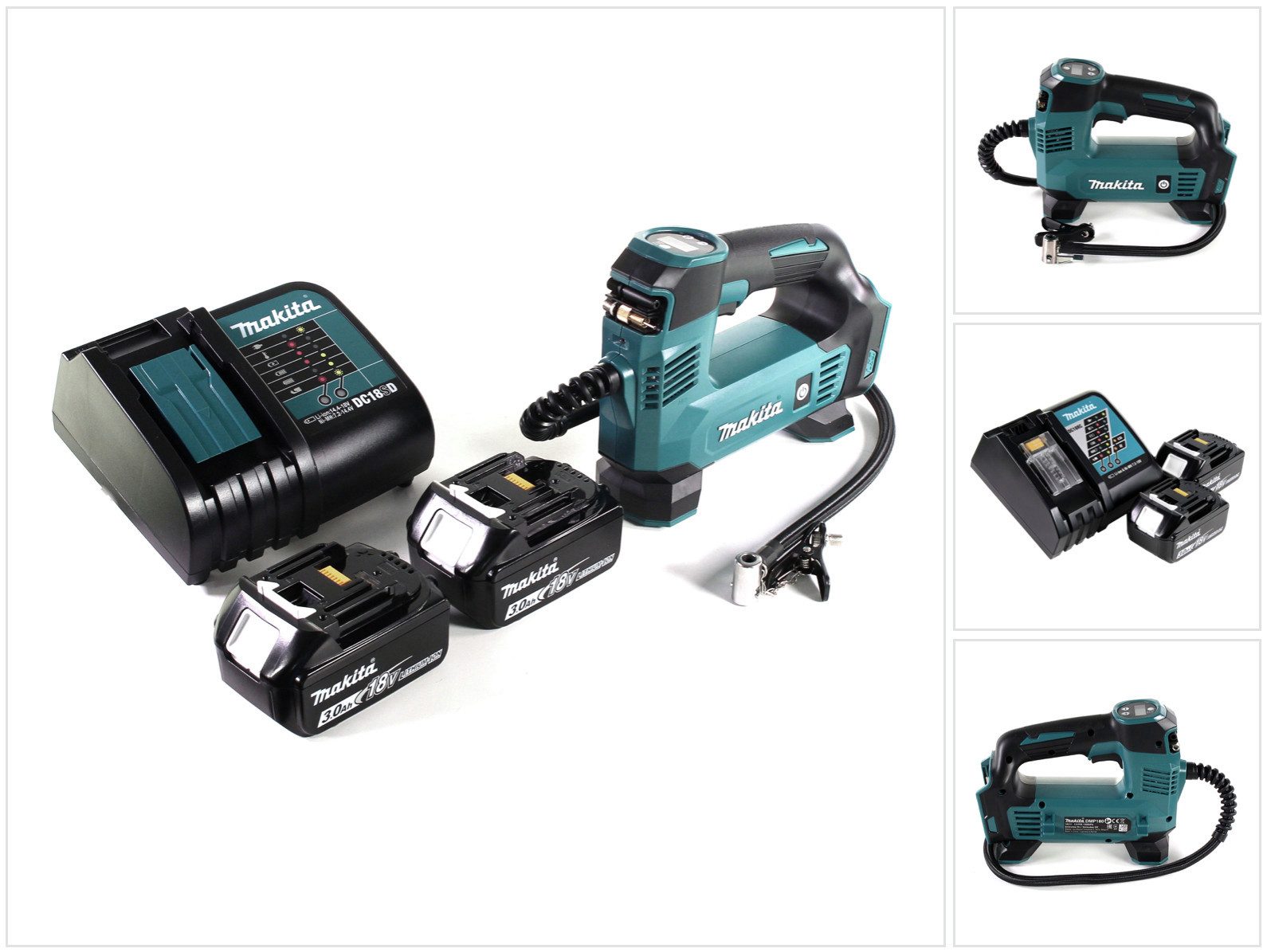 Makita Akku-Handkompressor DMP 180 SF Akku Kompressor 18 V 8,3 bar + 2x Akku 3,0 Ah + Ladegerät
