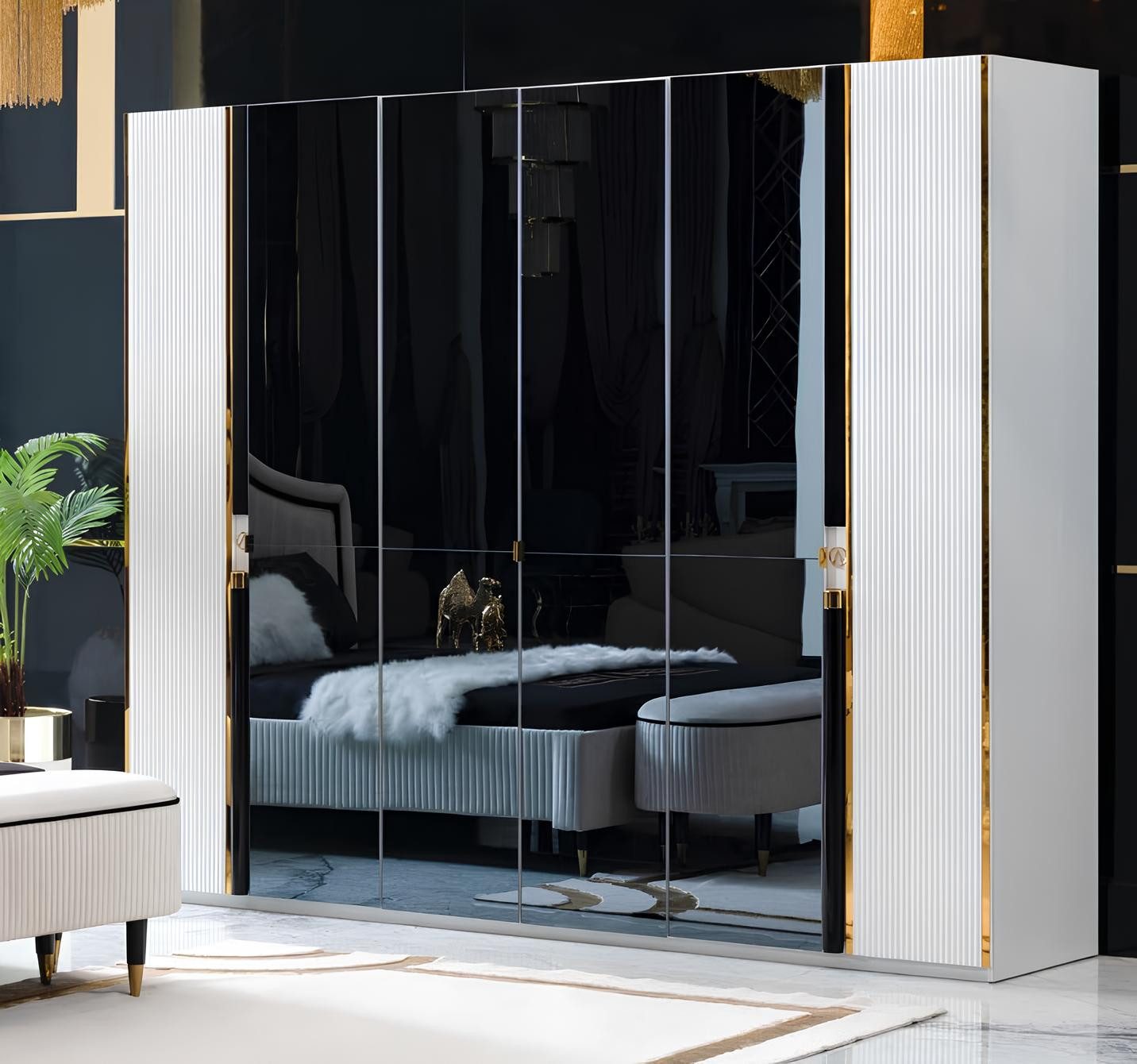 Kleiderschrank Eleganter Schlafzimmer-Schrank im italienischen Stil in Gold/Weiß