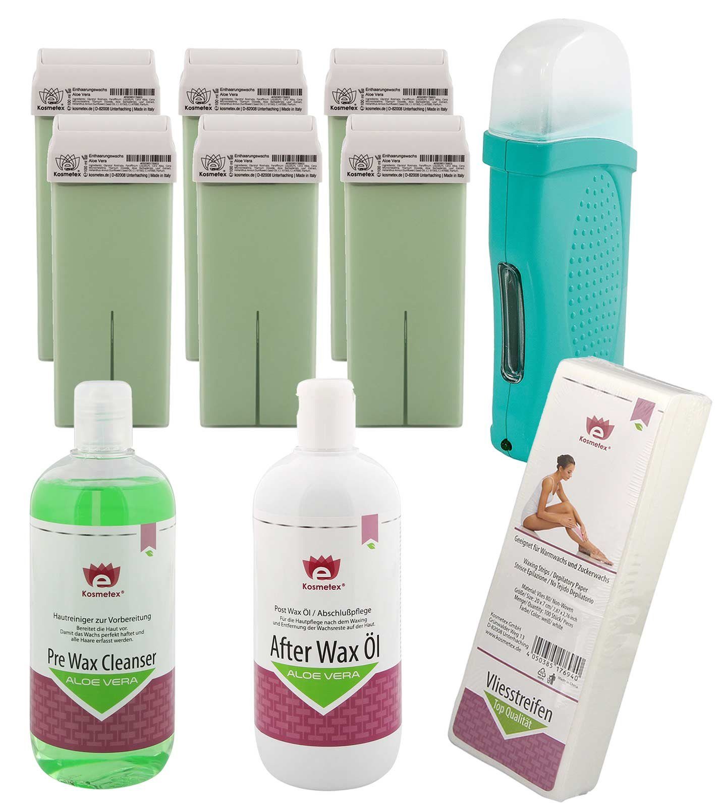 Kosmetex Körperrasierer 6x Wachs-Patronen Aloe Vera Kosmetex, Erhitzer Set, Reiniger, After Wax und 100x Vliesstreifen