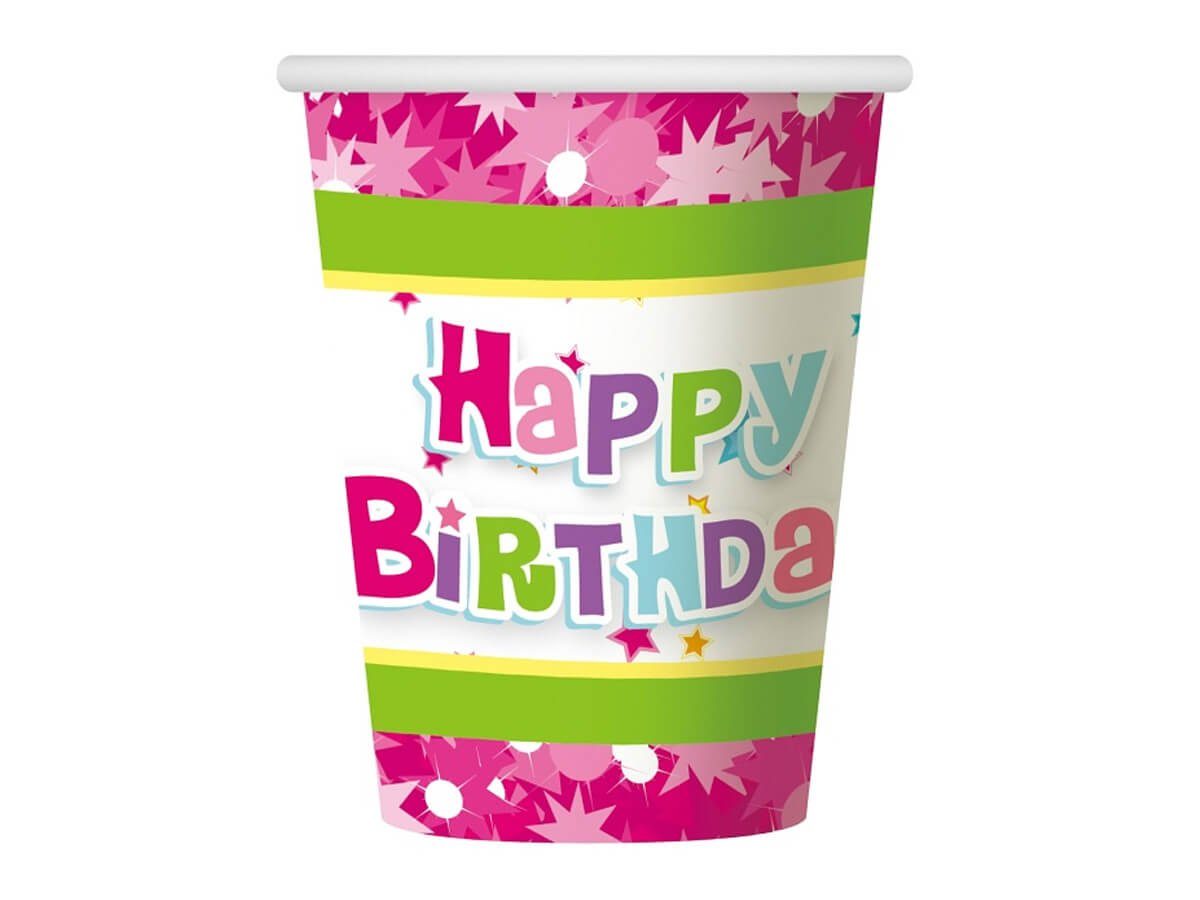 Festivalartikel Einwegbecher Happy Birthday rosa Set 6 Einwegbecher Pappbecher 270 ml